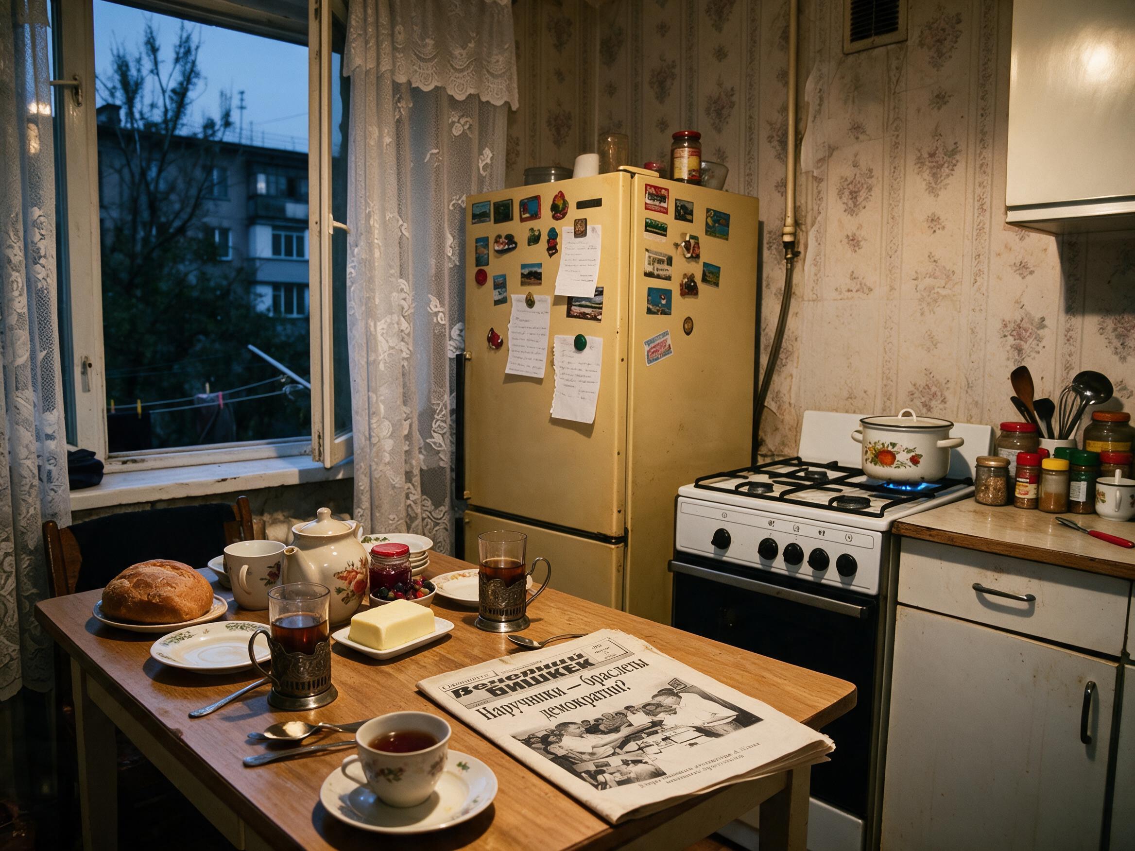 A Bishkek kitchen in 1999, two newspapers in two alphabets
