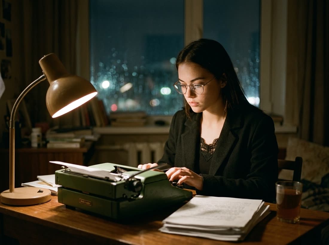 Typing on a borrowed typewriter at night