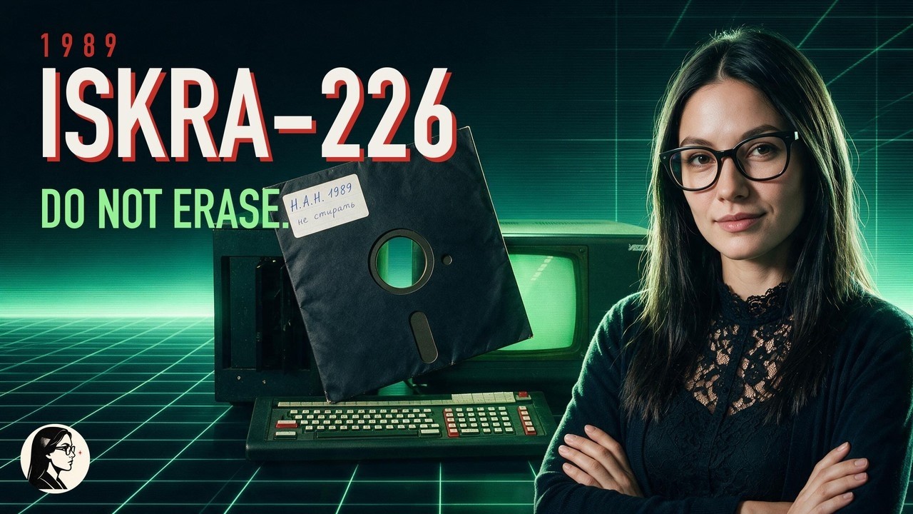 The film's title card: 1989, ISKRA-226, do not erase, me beside the machine with the labelled 8 inch disk.