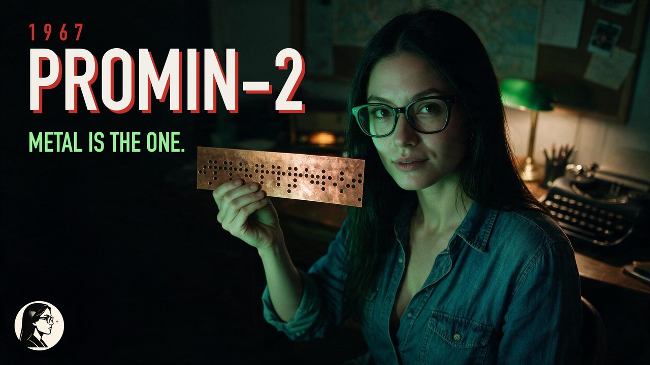 Elara Novikova holding a punched copper Промінь-2 card, captioned 1967 PROMIN-2, metal is the one