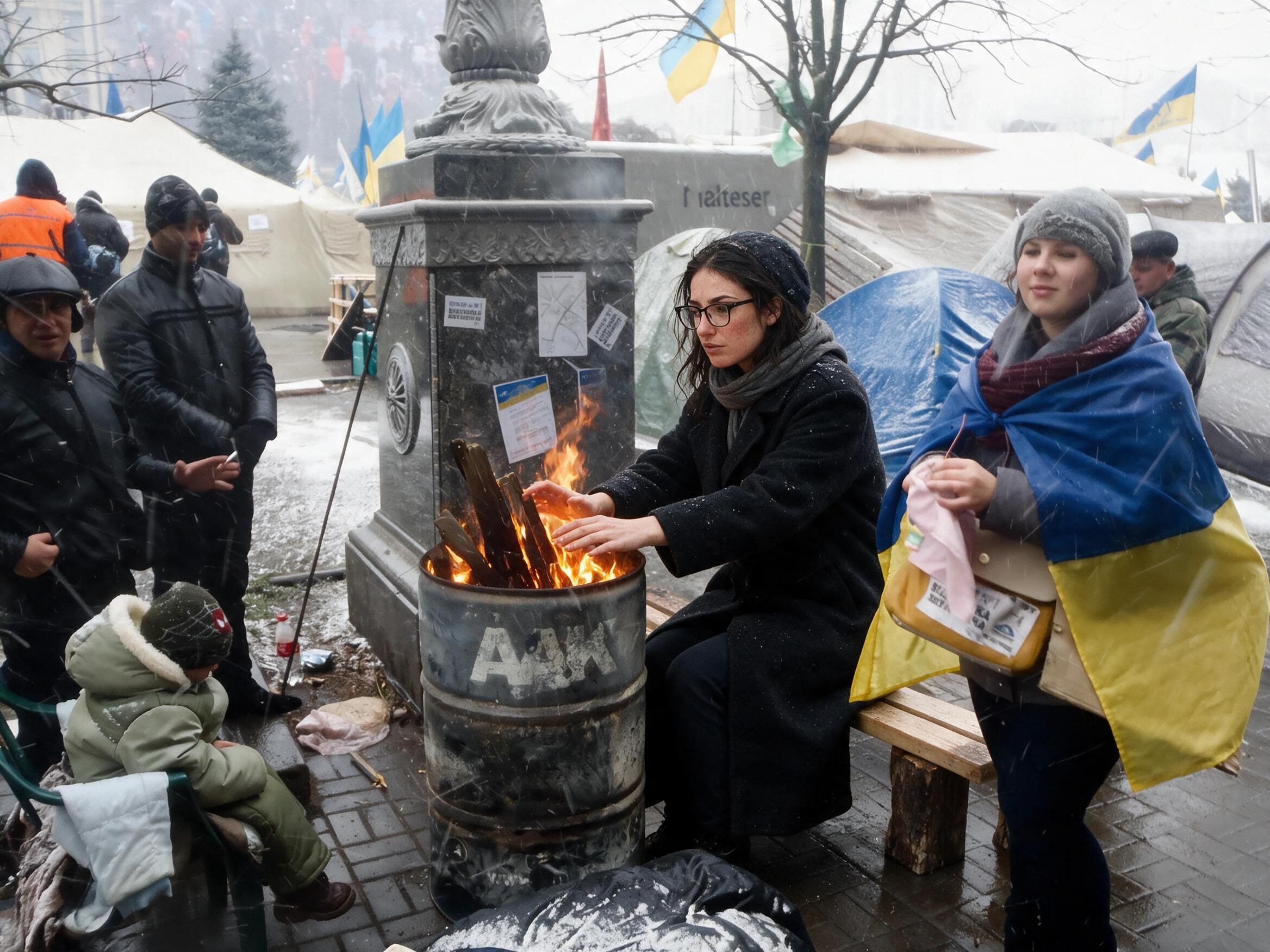 Me at a fire barrel with others at the memorial camp. Someone in a Ukrainian flag nearby.