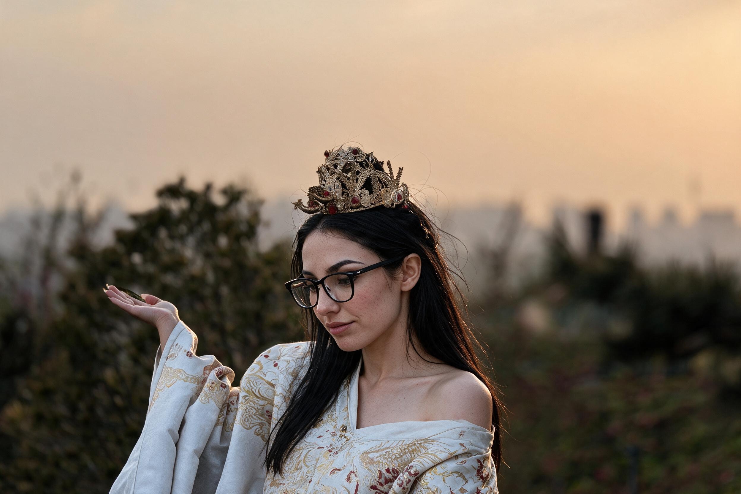 Me in a white and gold phoenix robe and wedding crown at sunset, one shoulder bare, a leaf on my hand.