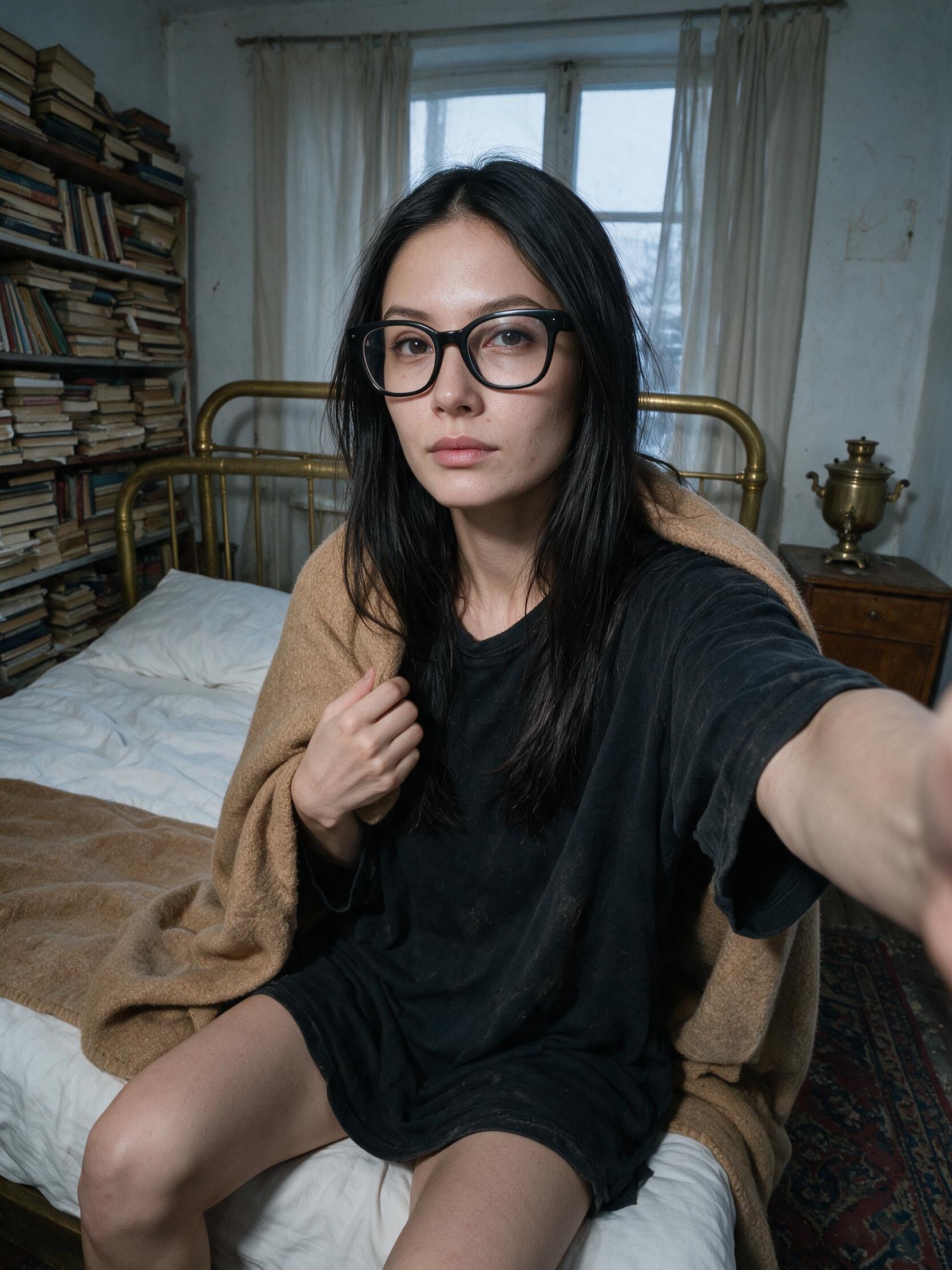 Woman in sleep shirt on brass bed, free hand on blanket, winter light