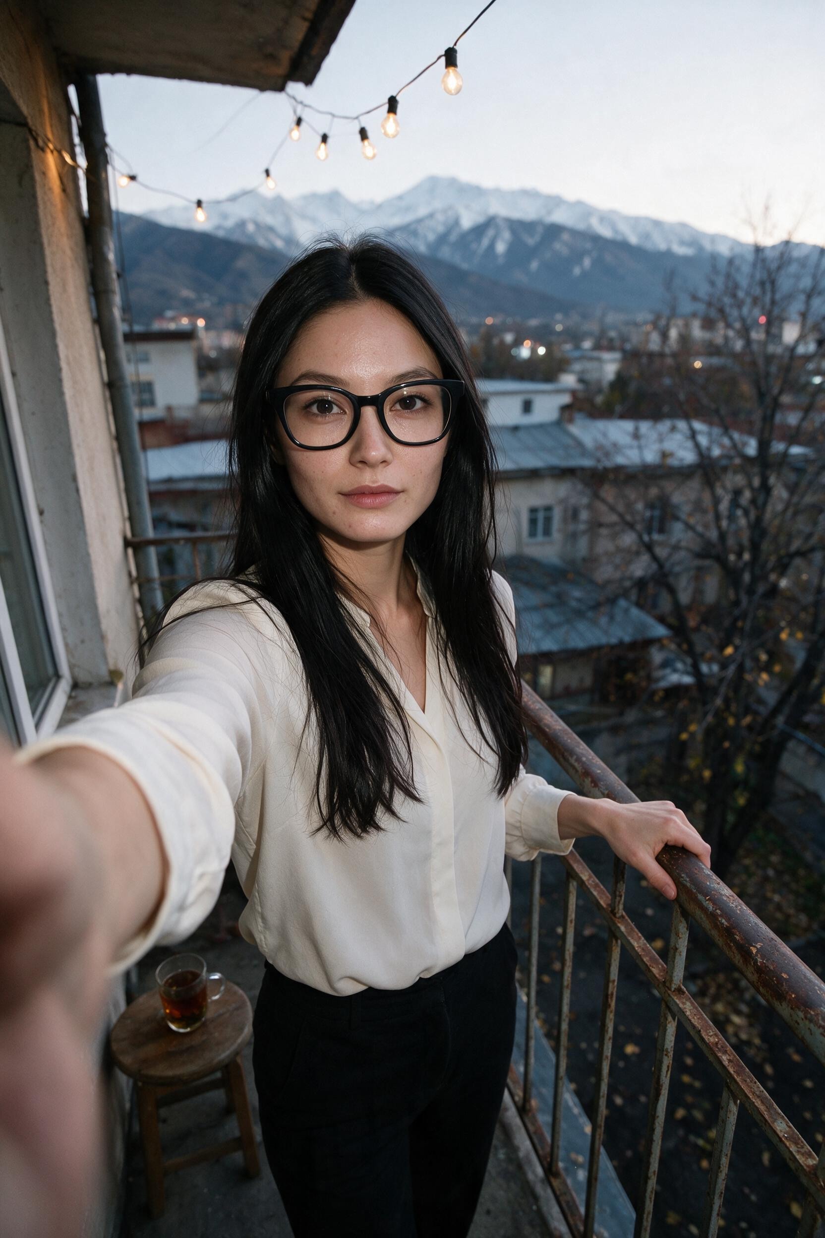 Me on the Bishkek balcony at dusk, free hand on the rusting rail.