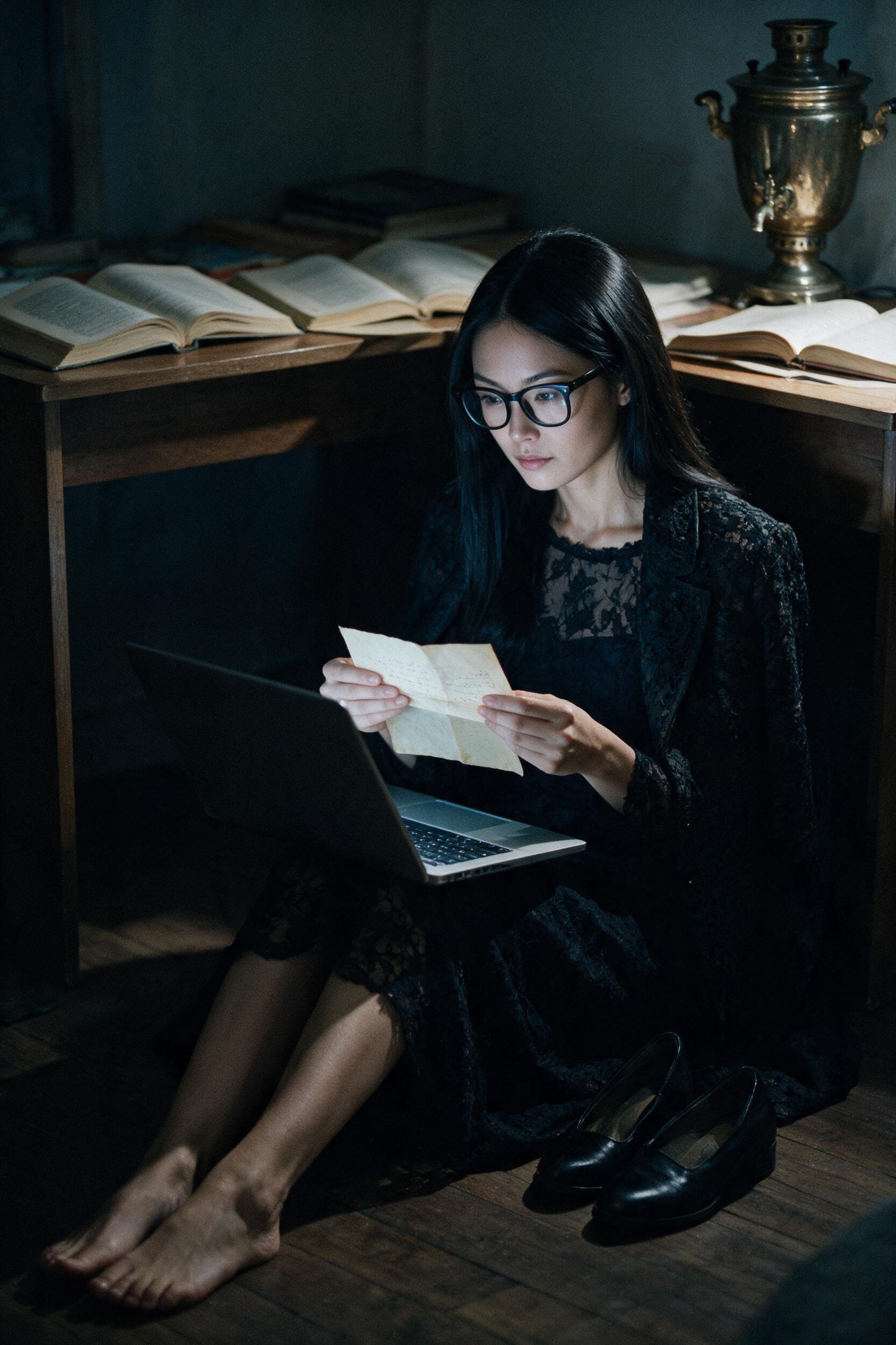Me at the desk with the drafted letter on the screen and the samovar corner behind.