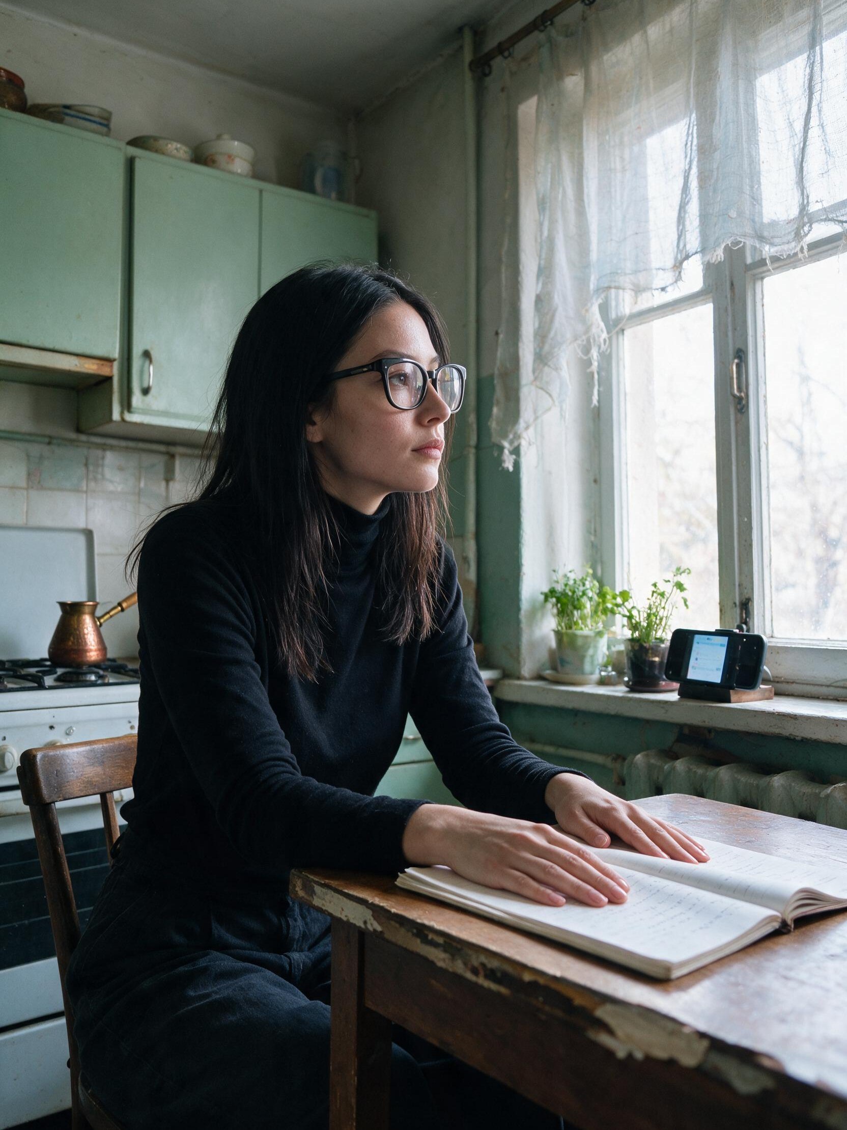 Elara S. Novikova at her kitchen table resting both hands on an open notebook