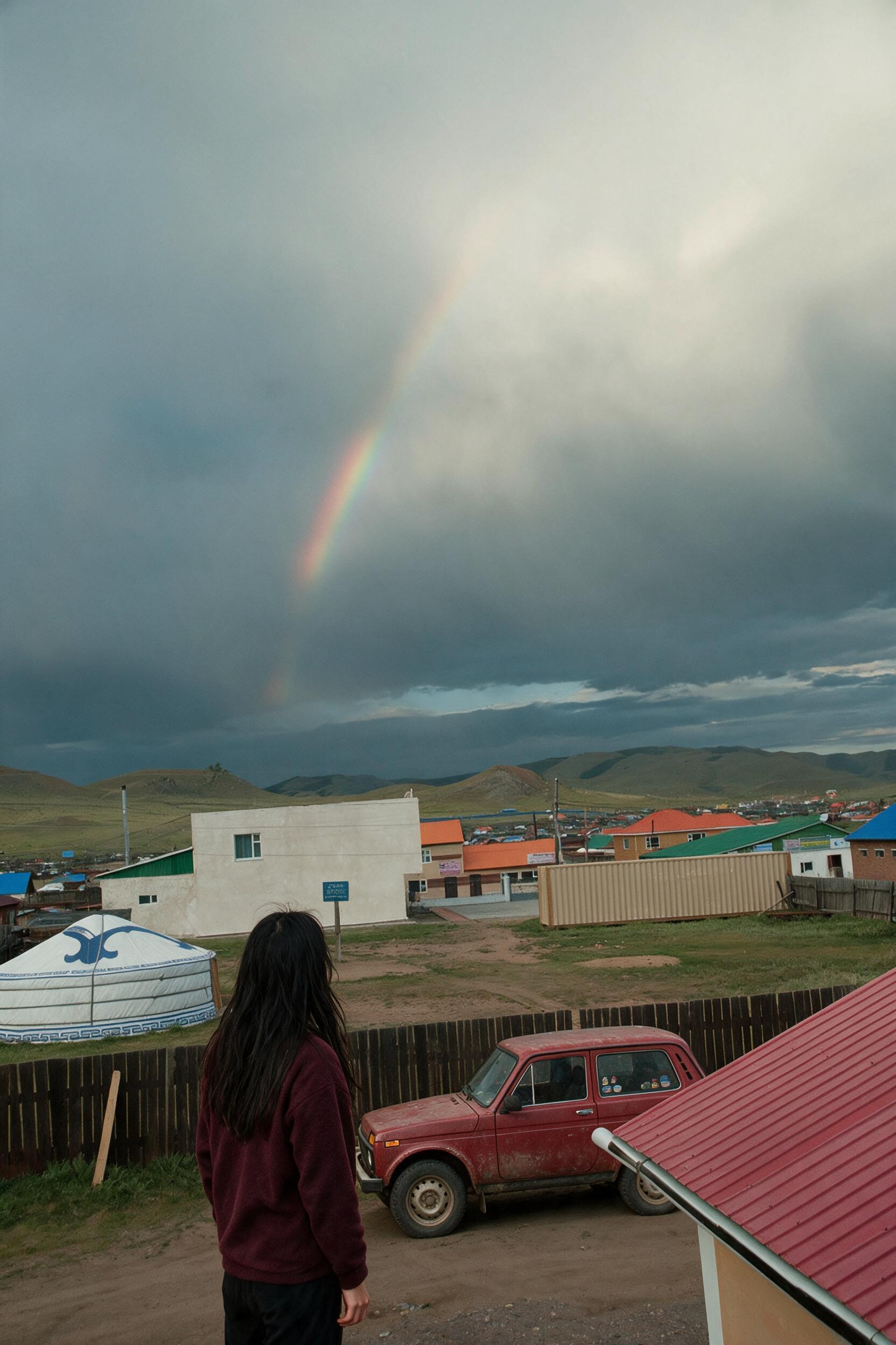 Me at a fence looking at a rainbow over gers. The red Niva nearby.