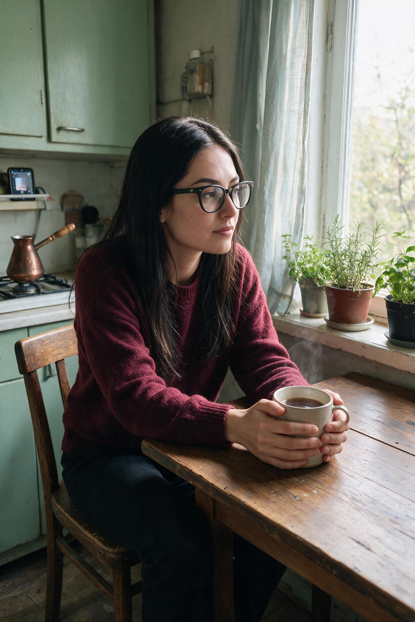 Woman in burgundy sweater holds mug at kitchen table in soft light