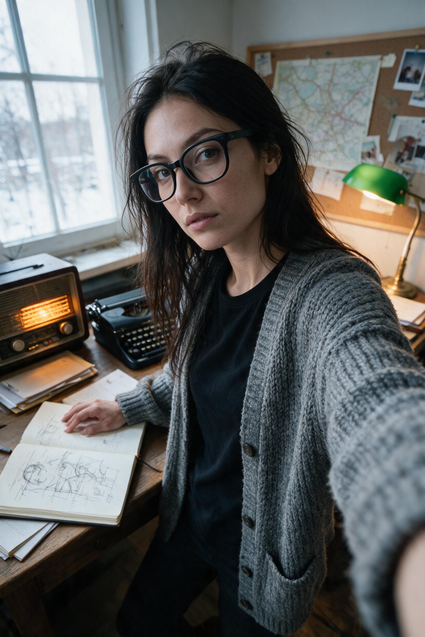 Novelist in grey cardigan studies notebook of diagrams at writing desk