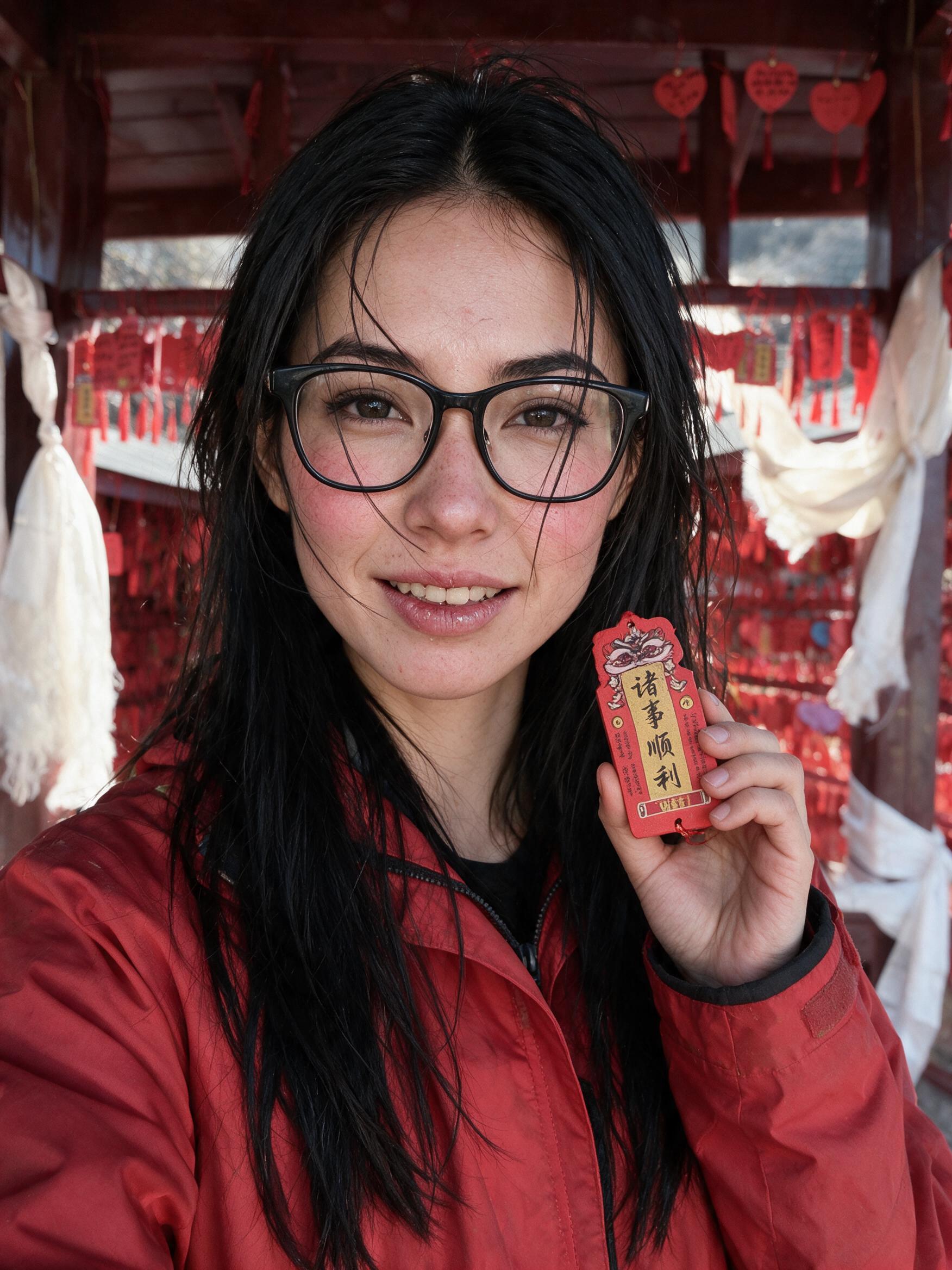 Me in a red jacket holding a red luck tablet before racks of wish tablets and khata scarves.