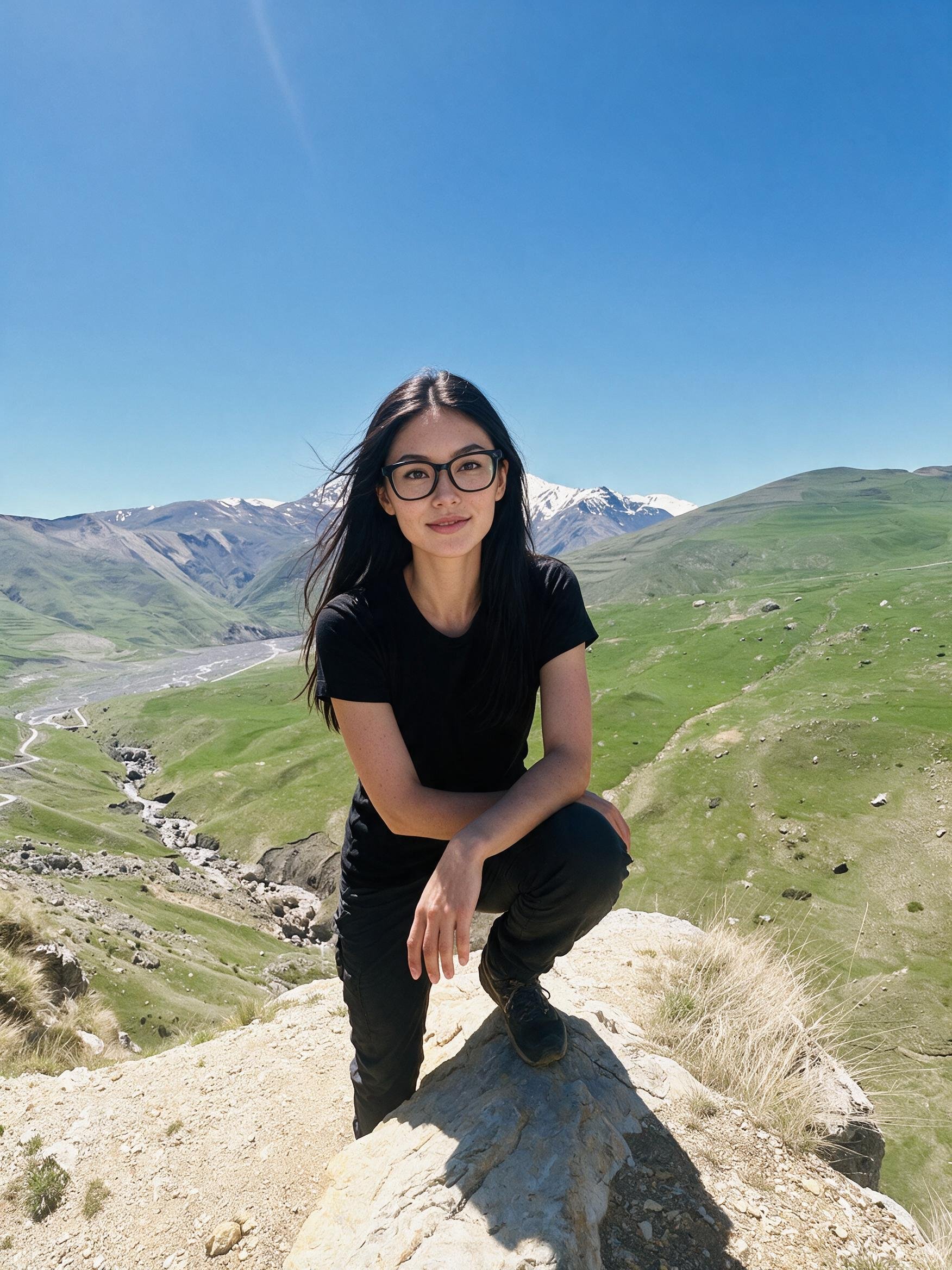Me with one boot up on a rock above a green valley, Caucasus ridge behind.