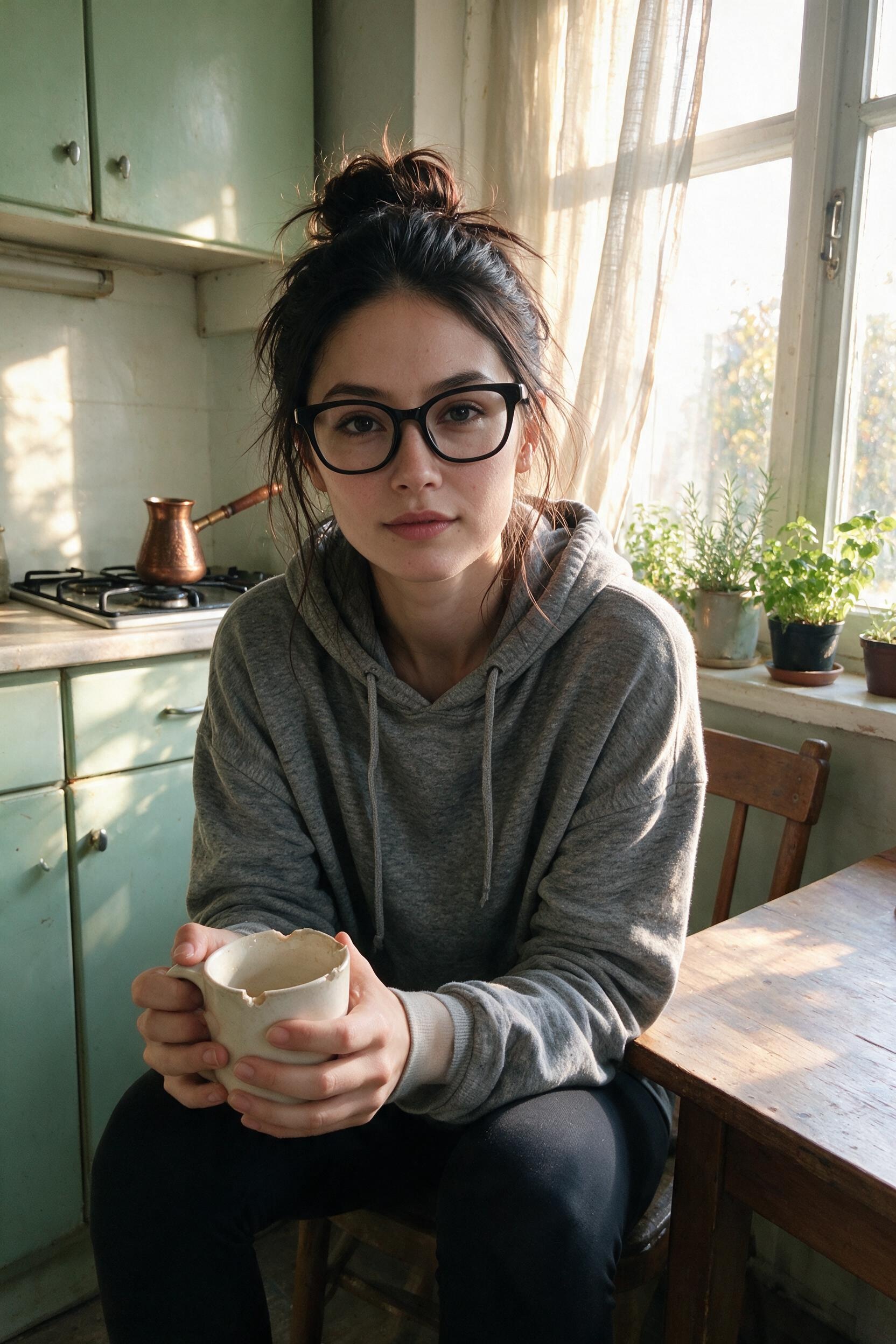 Me in a grey hoodie at the kitchen table with a mug.