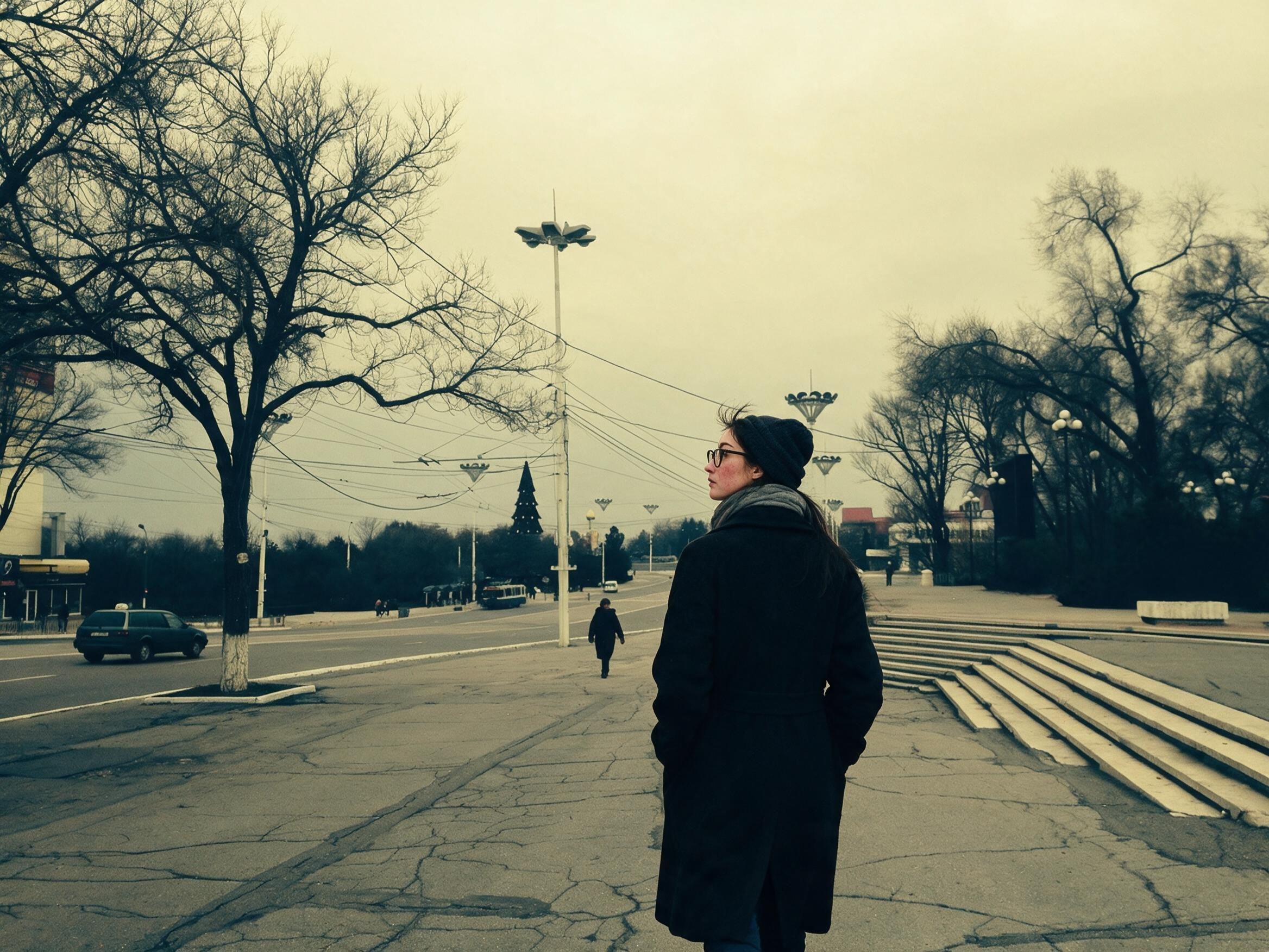 Me walking alone along a wide empty parade avenue in Tiraspol.