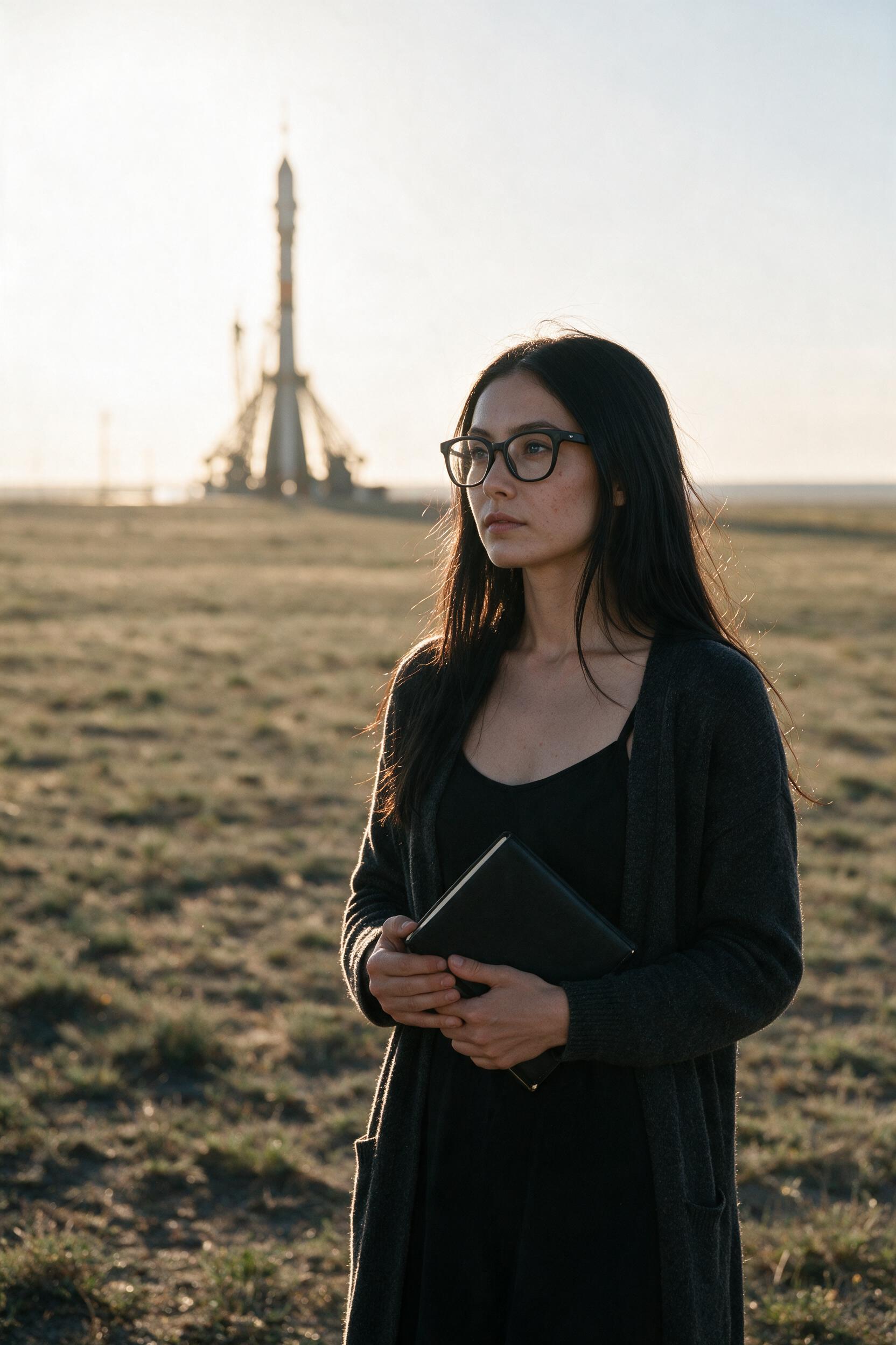 Woman on Kazakh steppe holding notebook near distant launch gantry