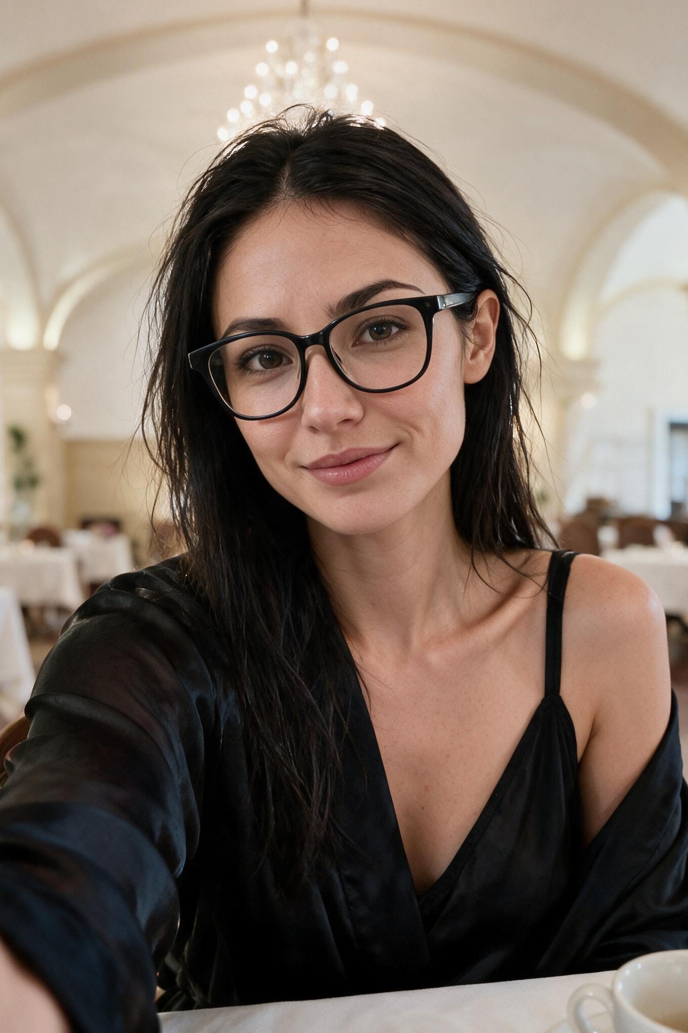 Me in a black robe, bare shoulder, alone at a white-clothed table in the vaulted dining hall.