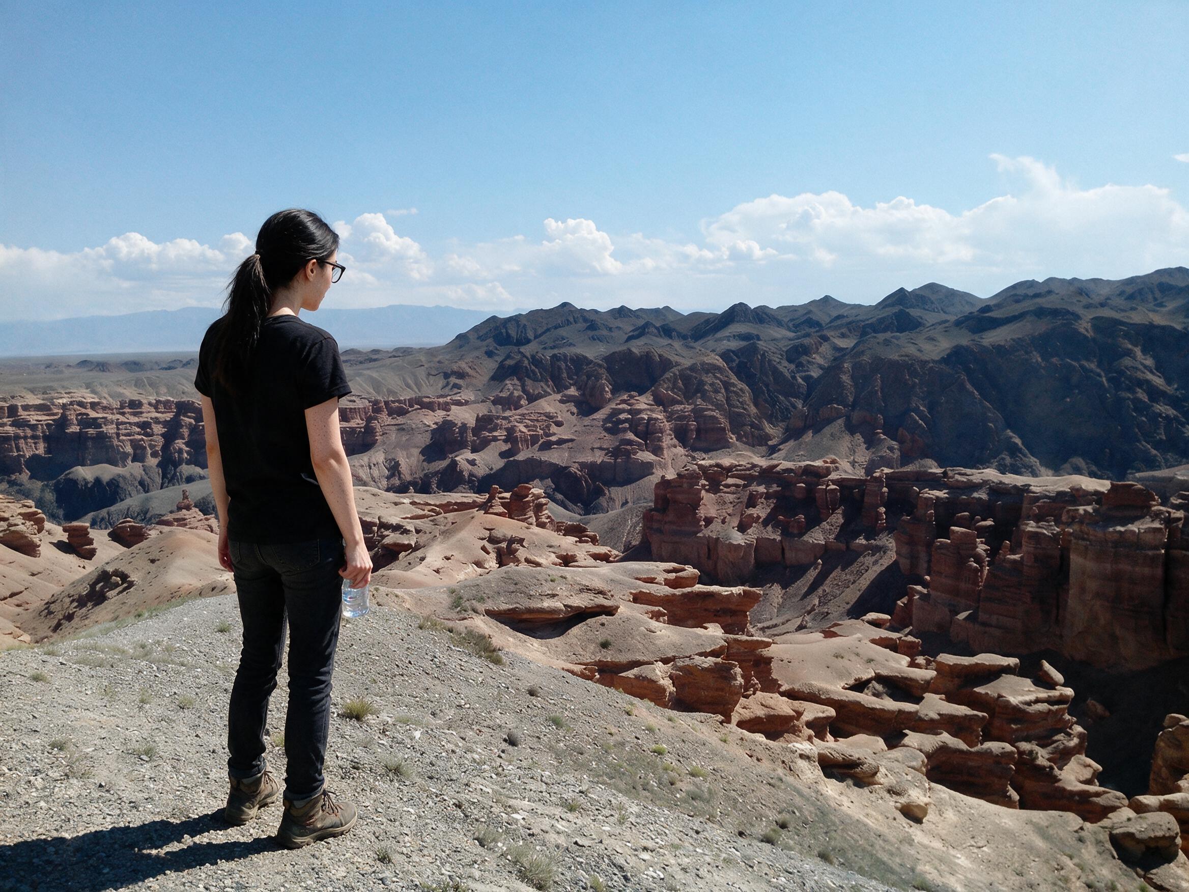 Me on the gravel rim looking down into Charyn Canyon's red rock towers.