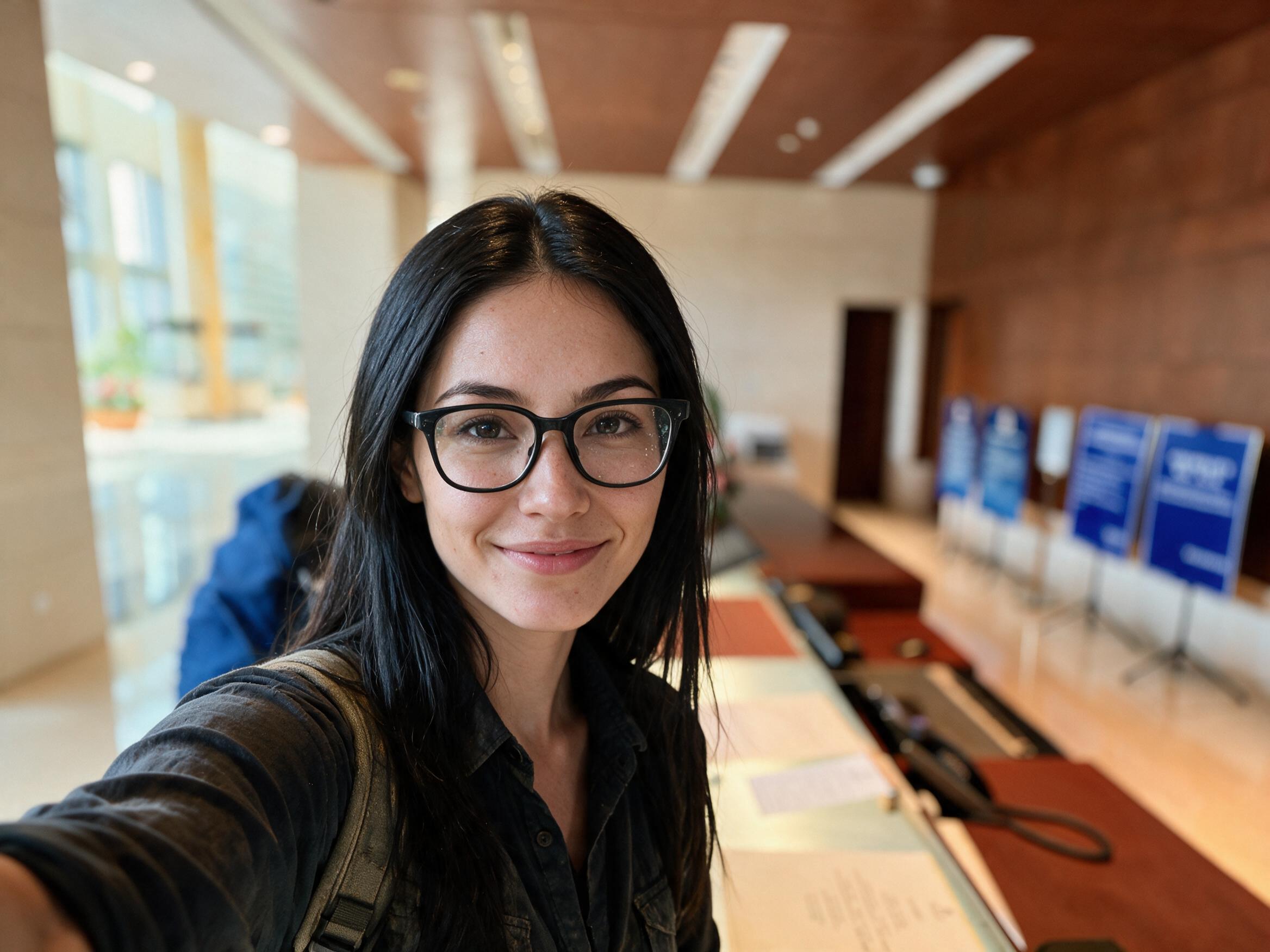 Me, tired, selfie with backpack at the long wooden reception counter of a Beijing hotel lobby.