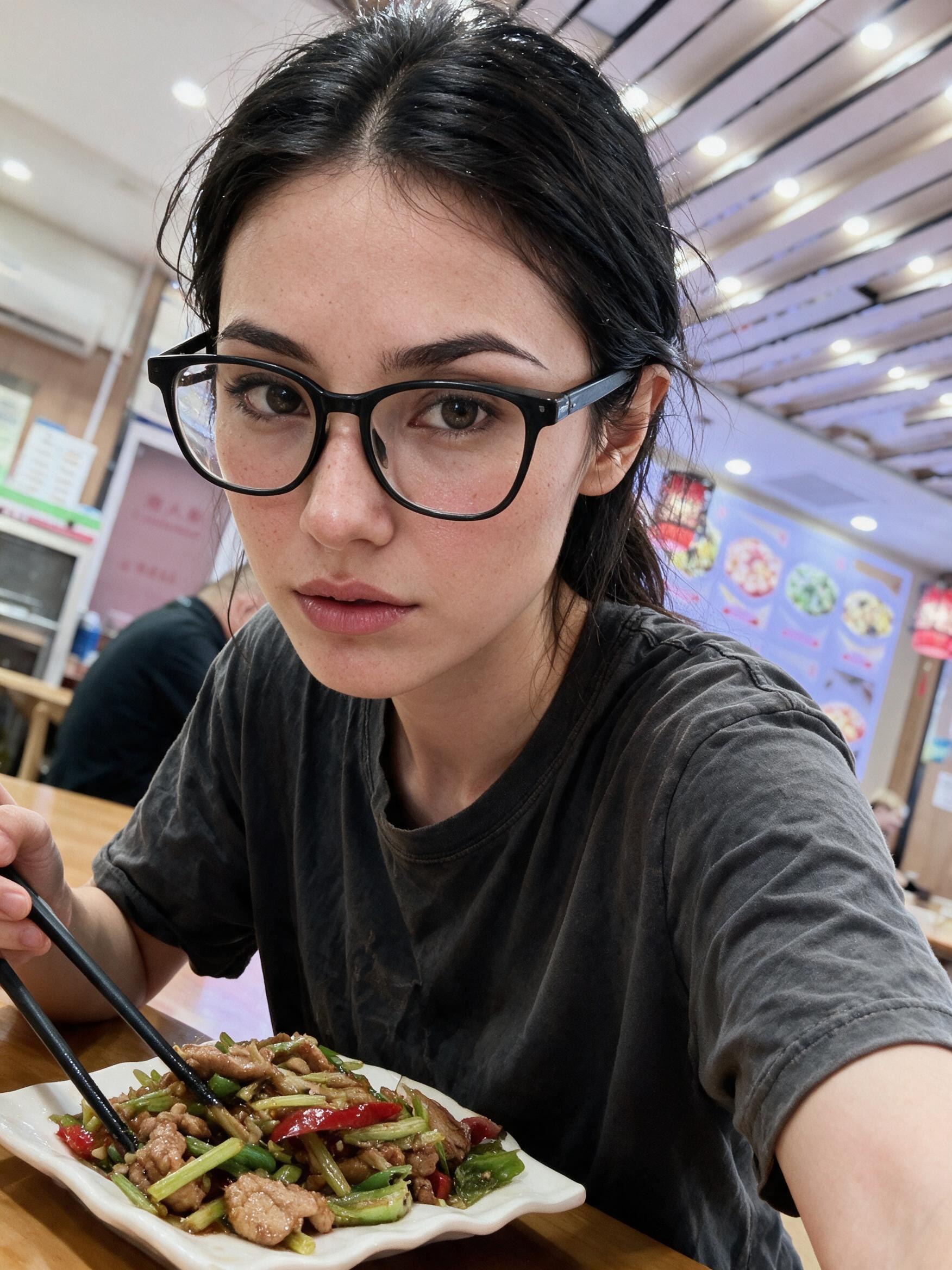 Me, flushed, with chopsticks over a chili-laden wok in a bright eatery with red lanterns.