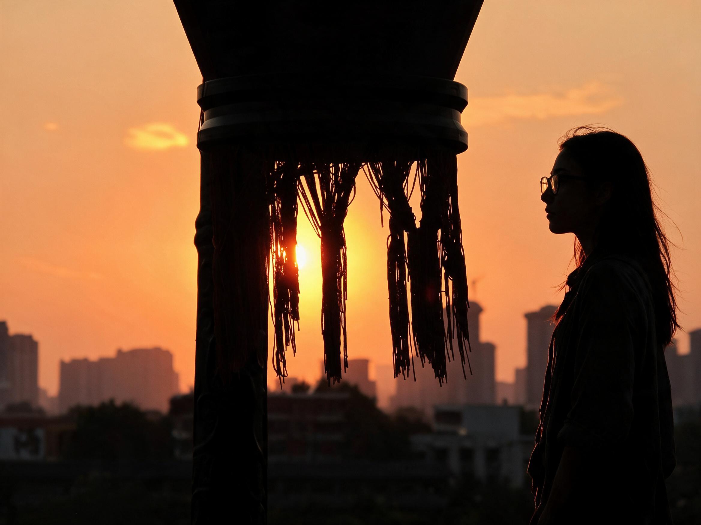 My silhouette at a temple balustrade under wind chimes, orange smog sunset and skyline beyond.