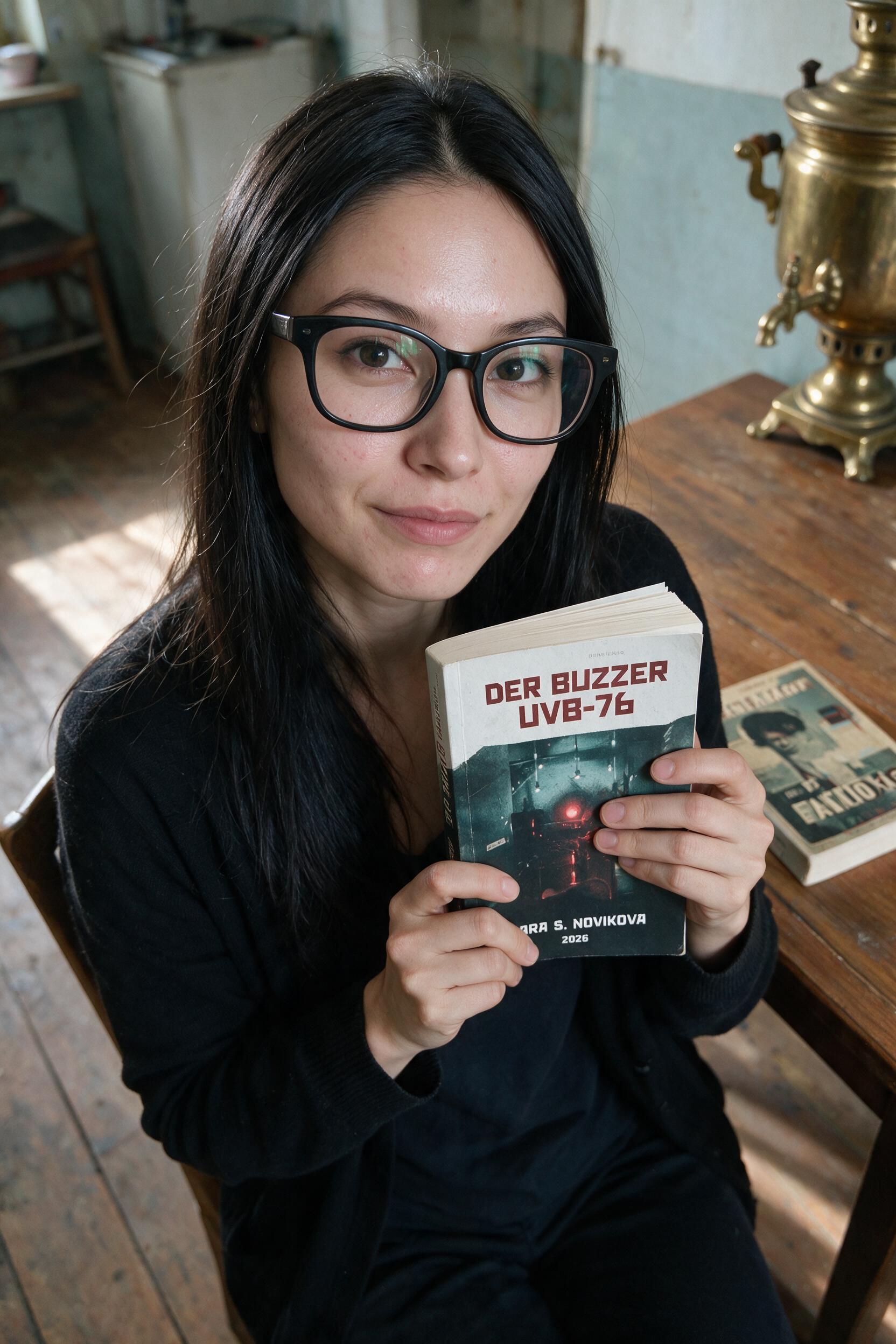 Elara Novikova holding her printed copy of Der Buzzer UVB-76, a second book beside her on the table.