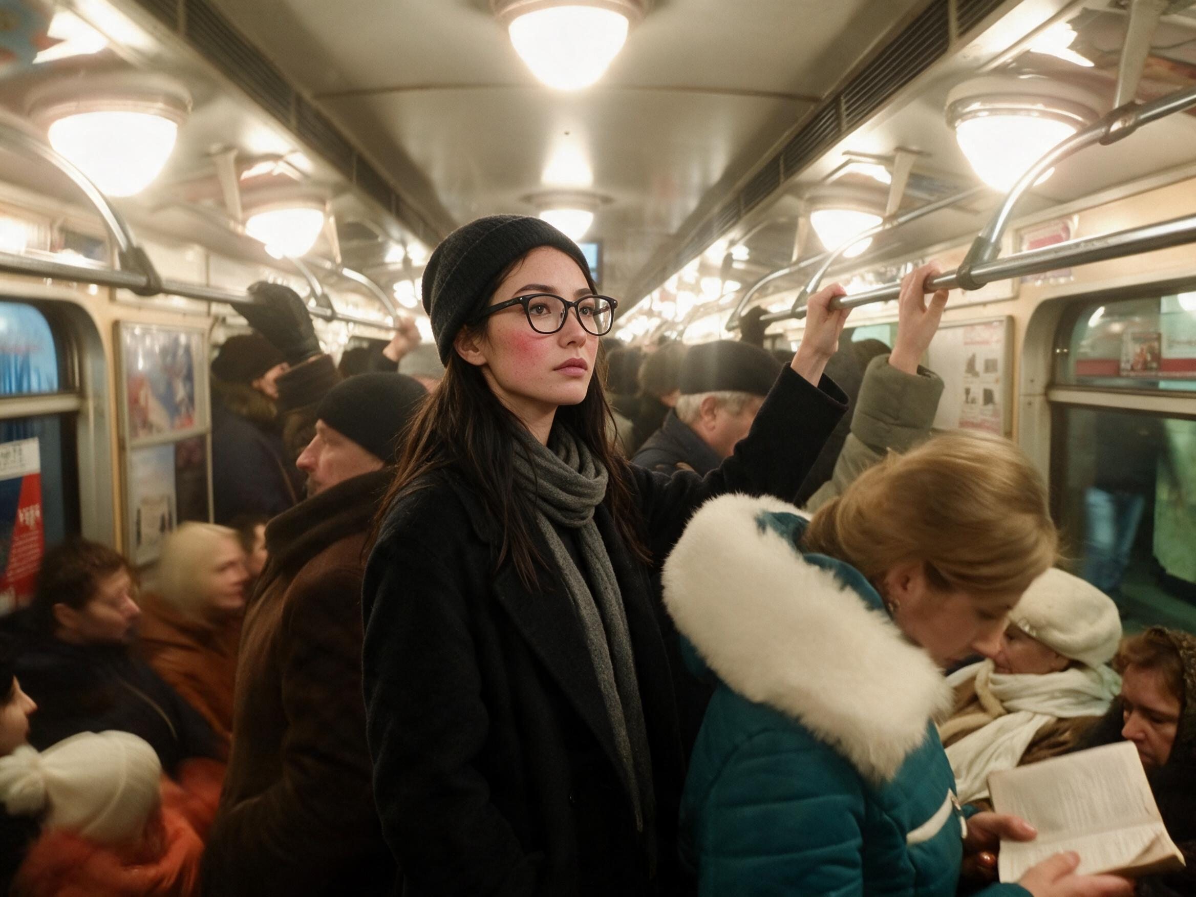 Me in a black coat holding the rail in a crowded Kyiv metro car.
