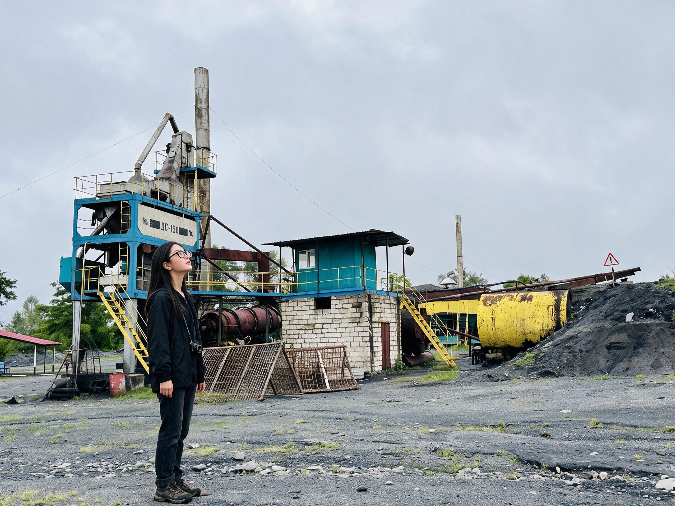 Me with a camera before an abandoned blue asphalt plant and its rusty silo.