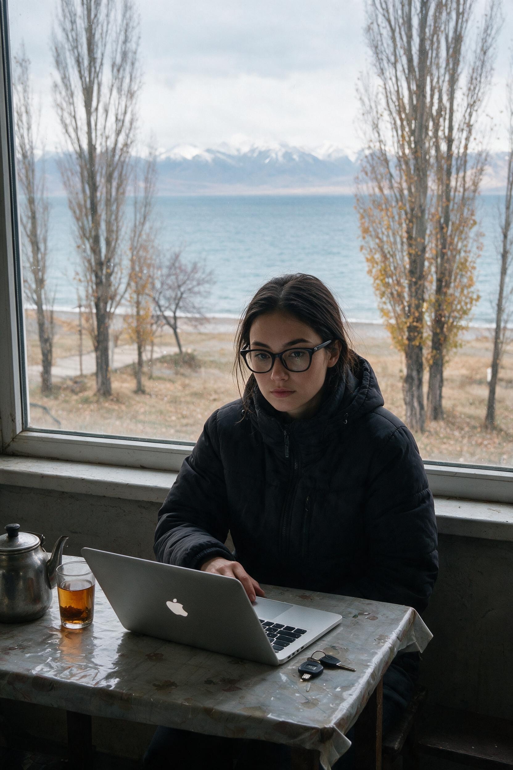 A guesthouse table above Issyk-Kul, jacket still on, the laptop half closed.