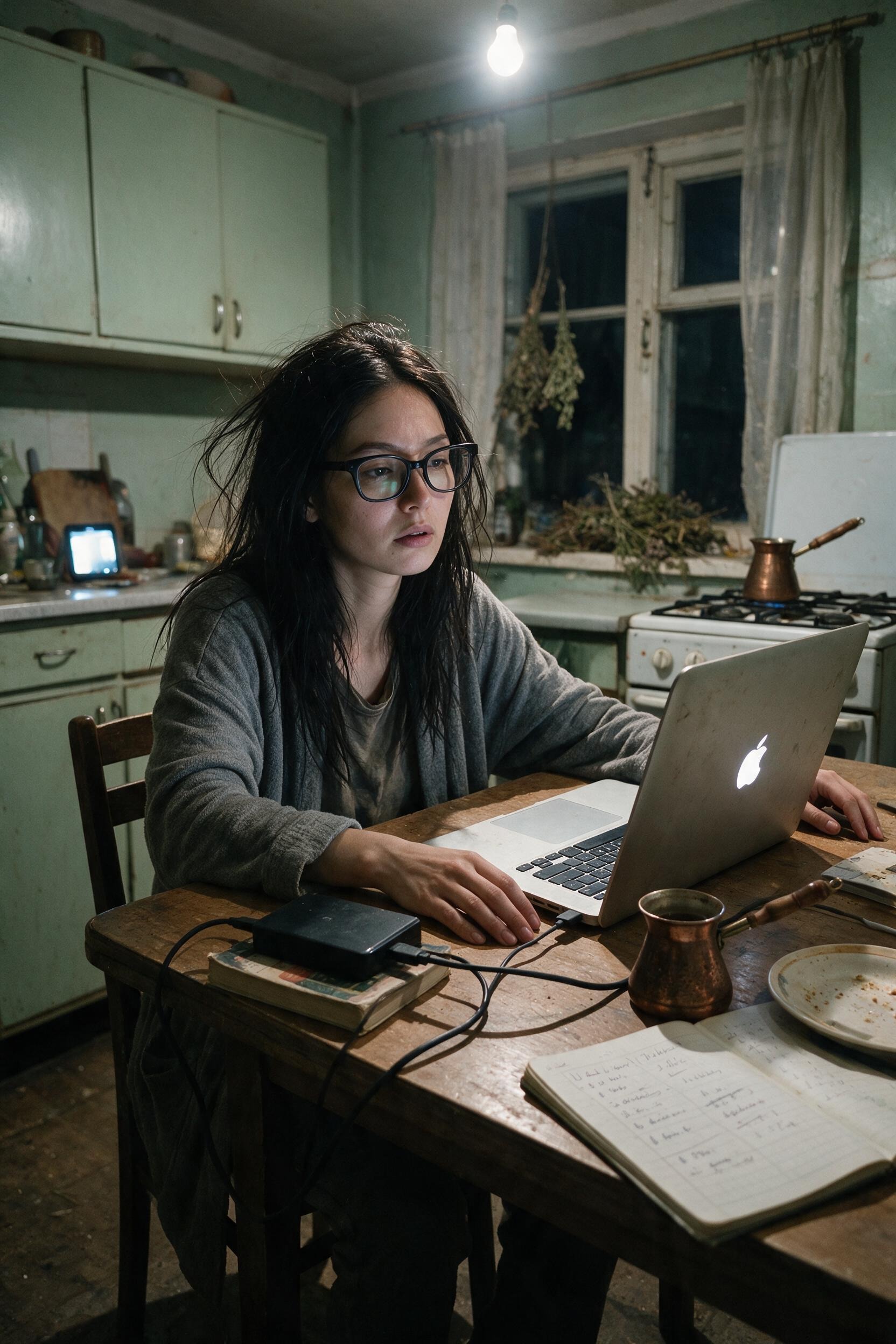The kitchen table at three in the morning: laptop, the old drive, cables and a struck-through list.