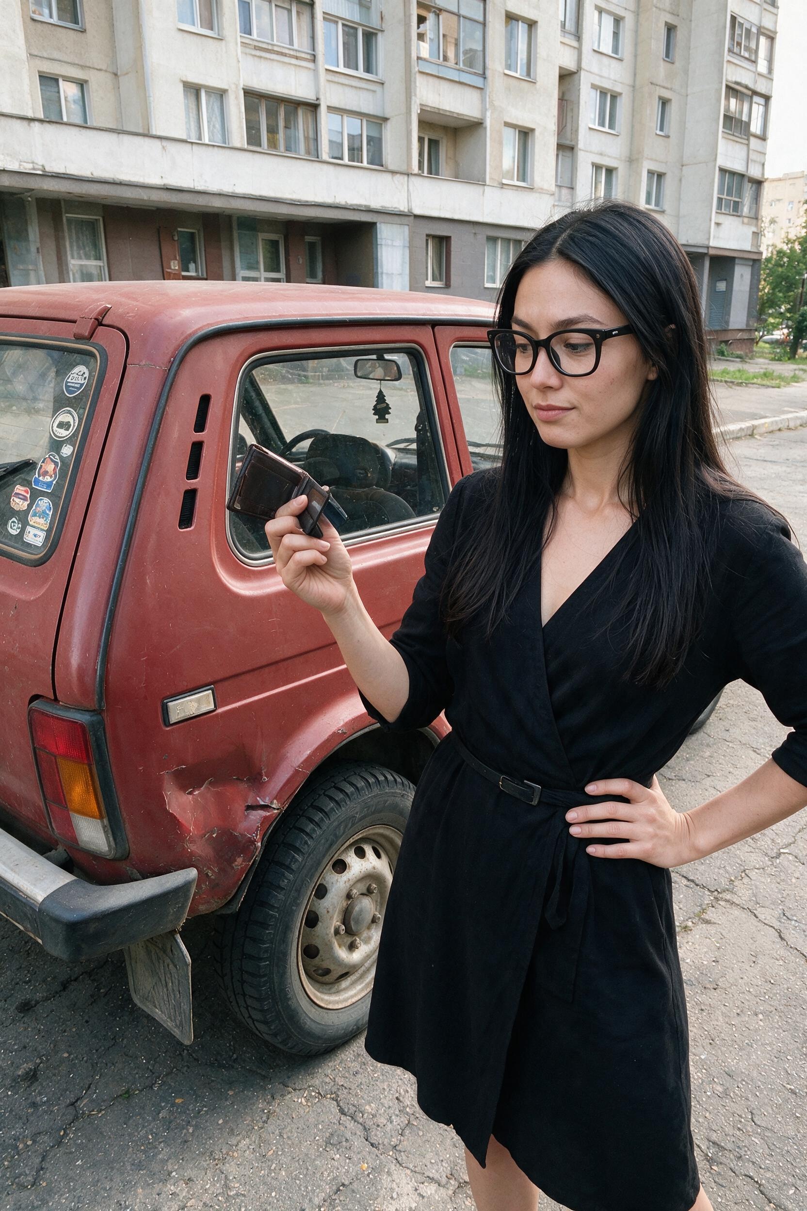 Me beside the red Niva holding an open, empty wallet.