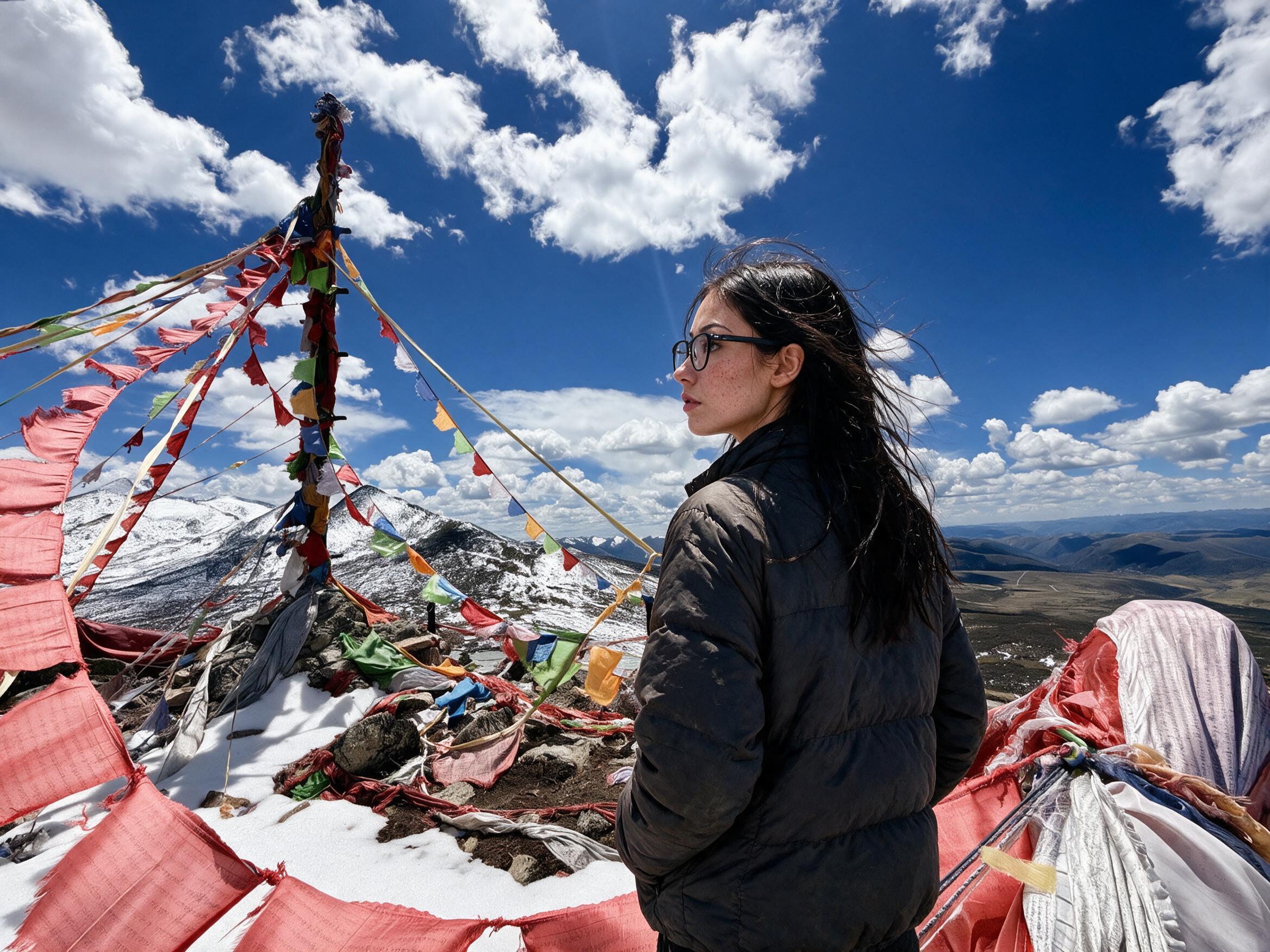 Me in profile by a stone cairn under prayer flags, snow patches and blue sky beyond.