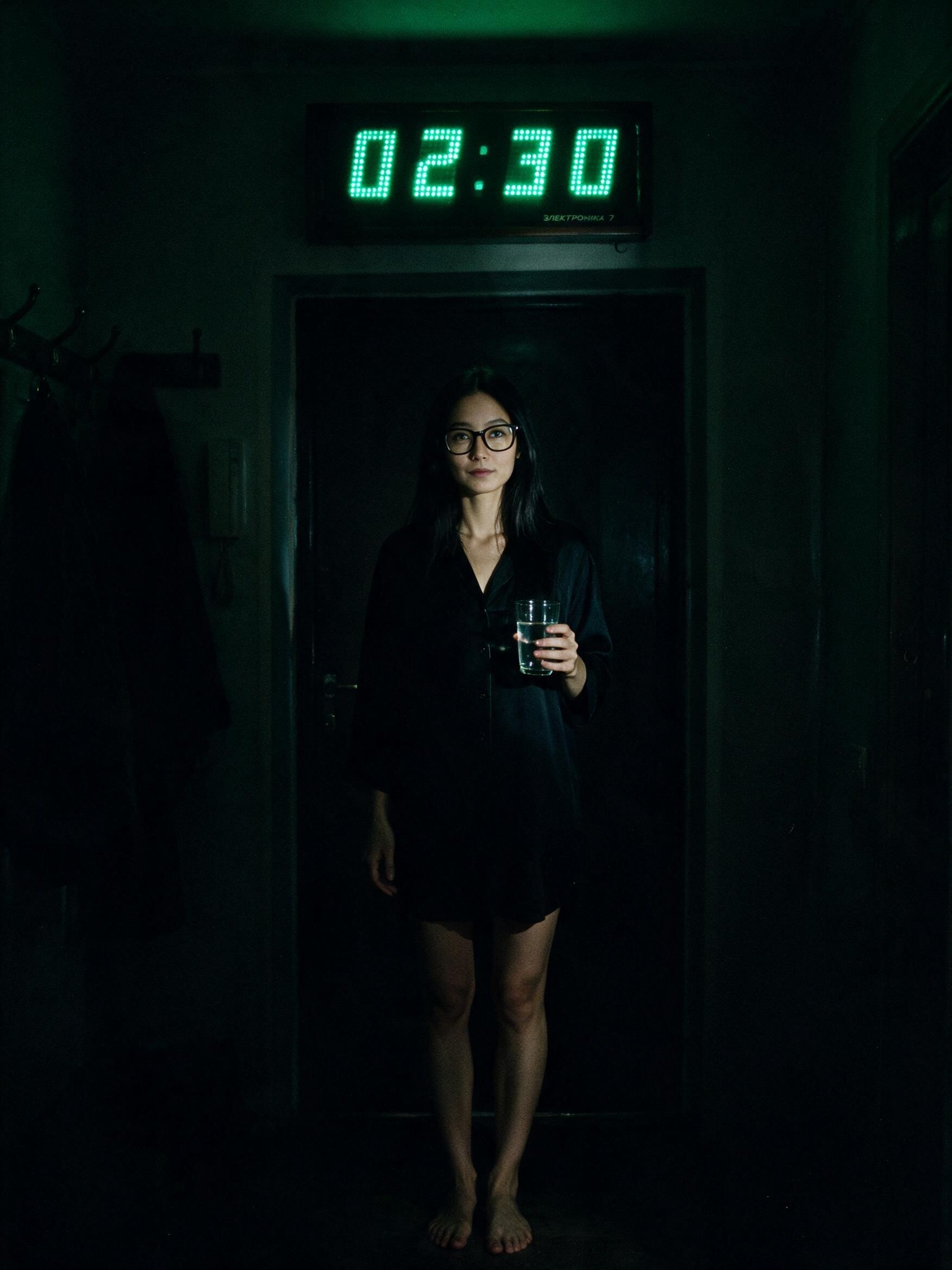 Me in the dark entryway at half past two, the Elektronika 7 glowing green above the door, a glass of water in my hand.