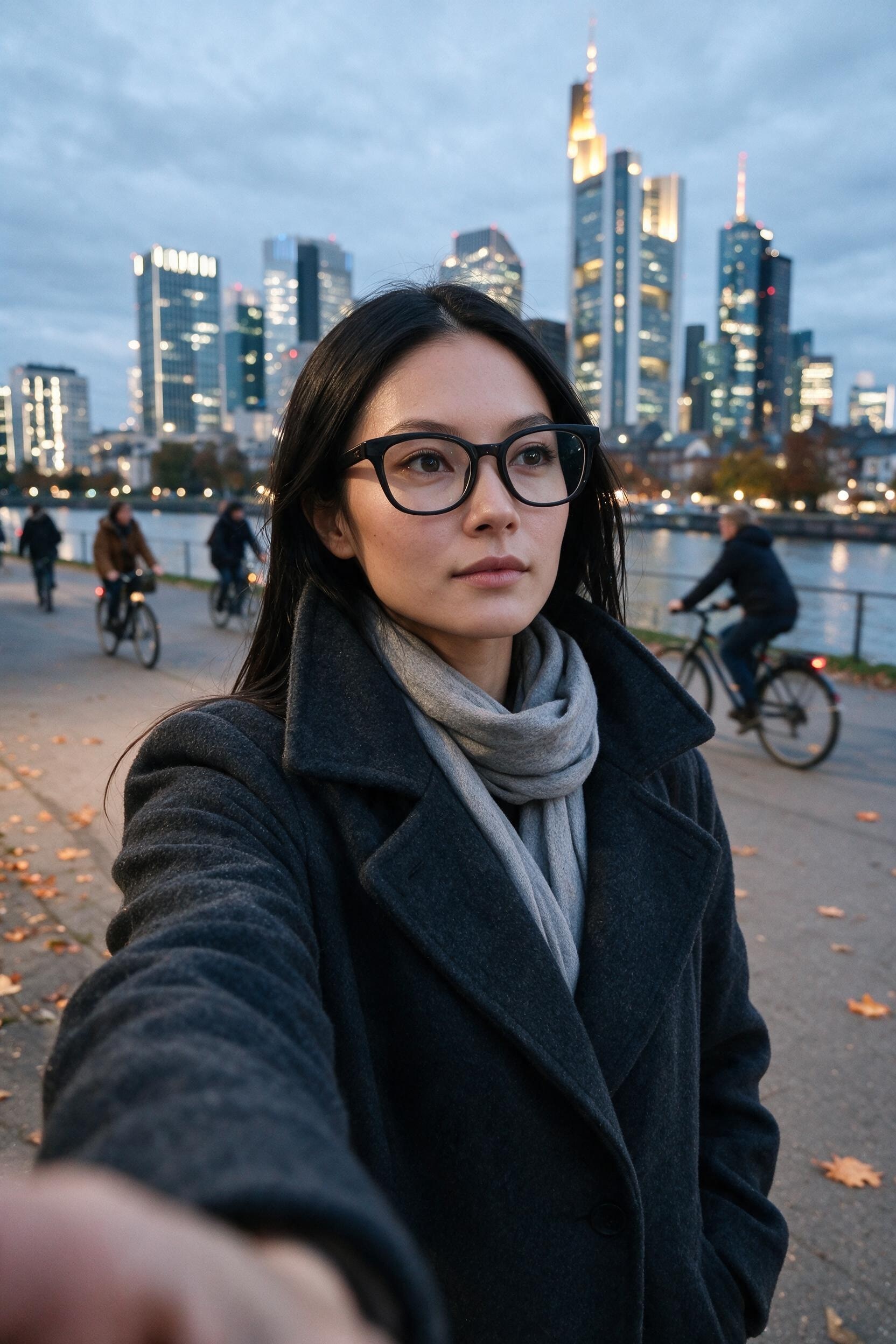 Me on the Frankfurt riverbank at dusk, hand in coat pocket.