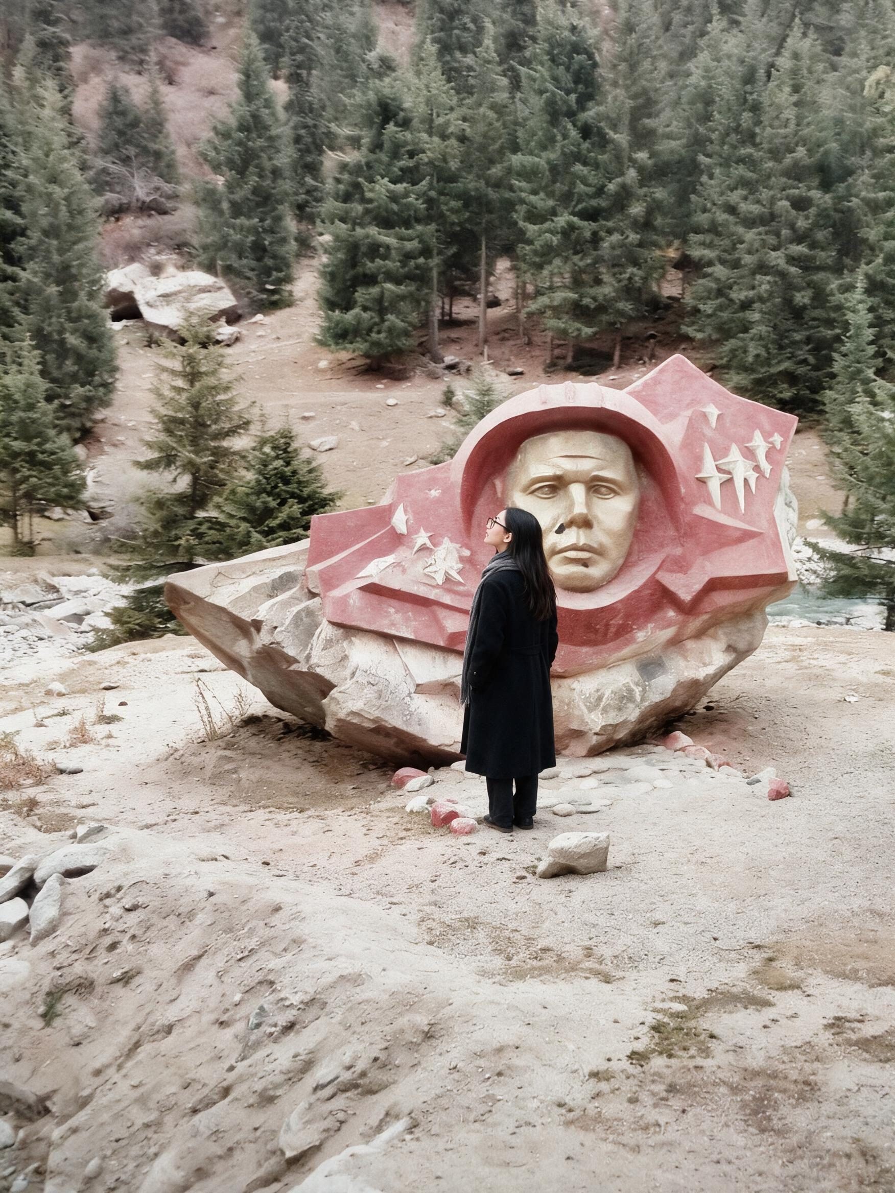 Me in a long black coat before the boulder with the golden cosmonaut relief, autumn valley.