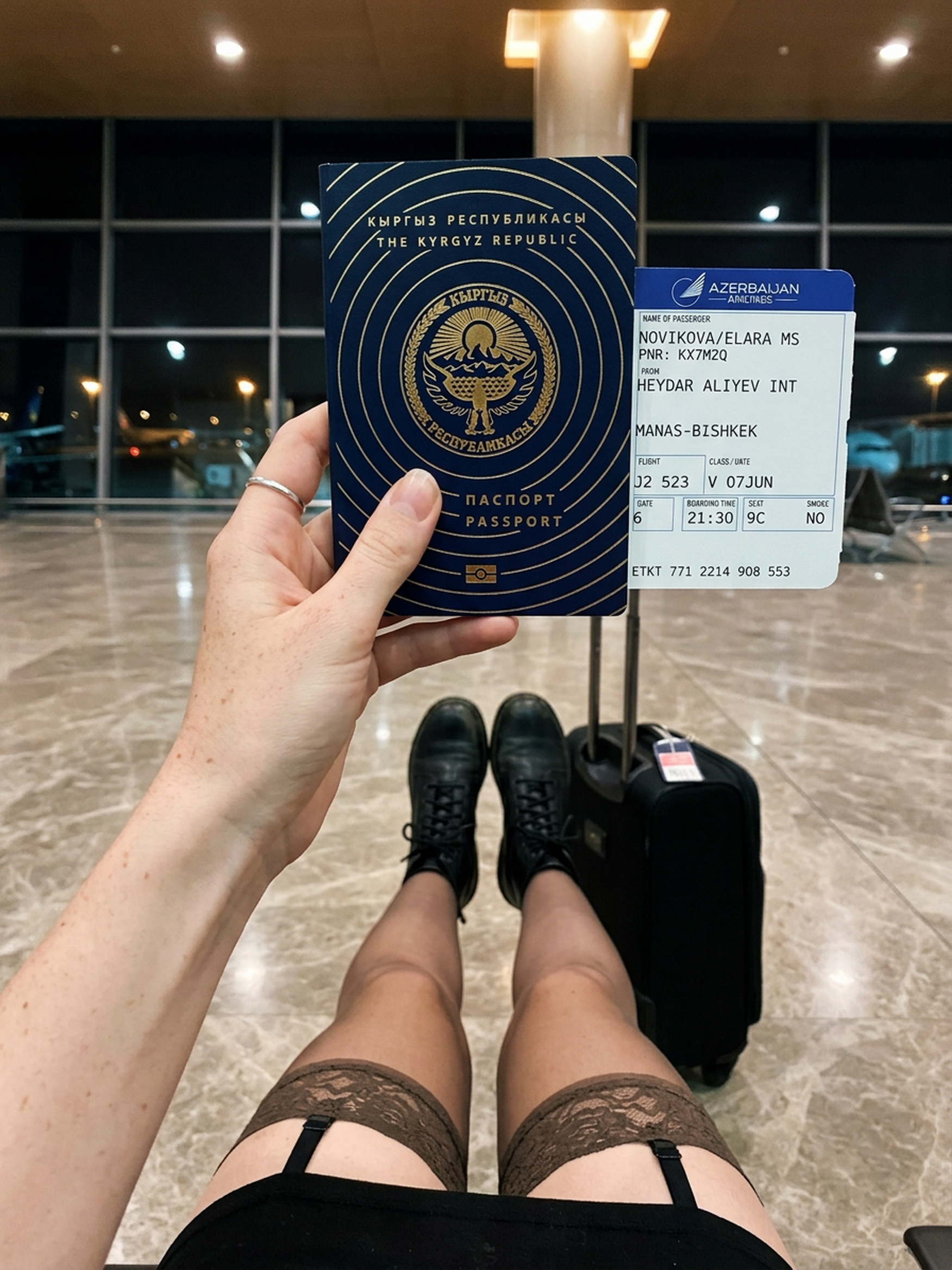 Me at gate six in Baku holding up my passport with the return stub, boots and cabin bag on the floor in front of me.