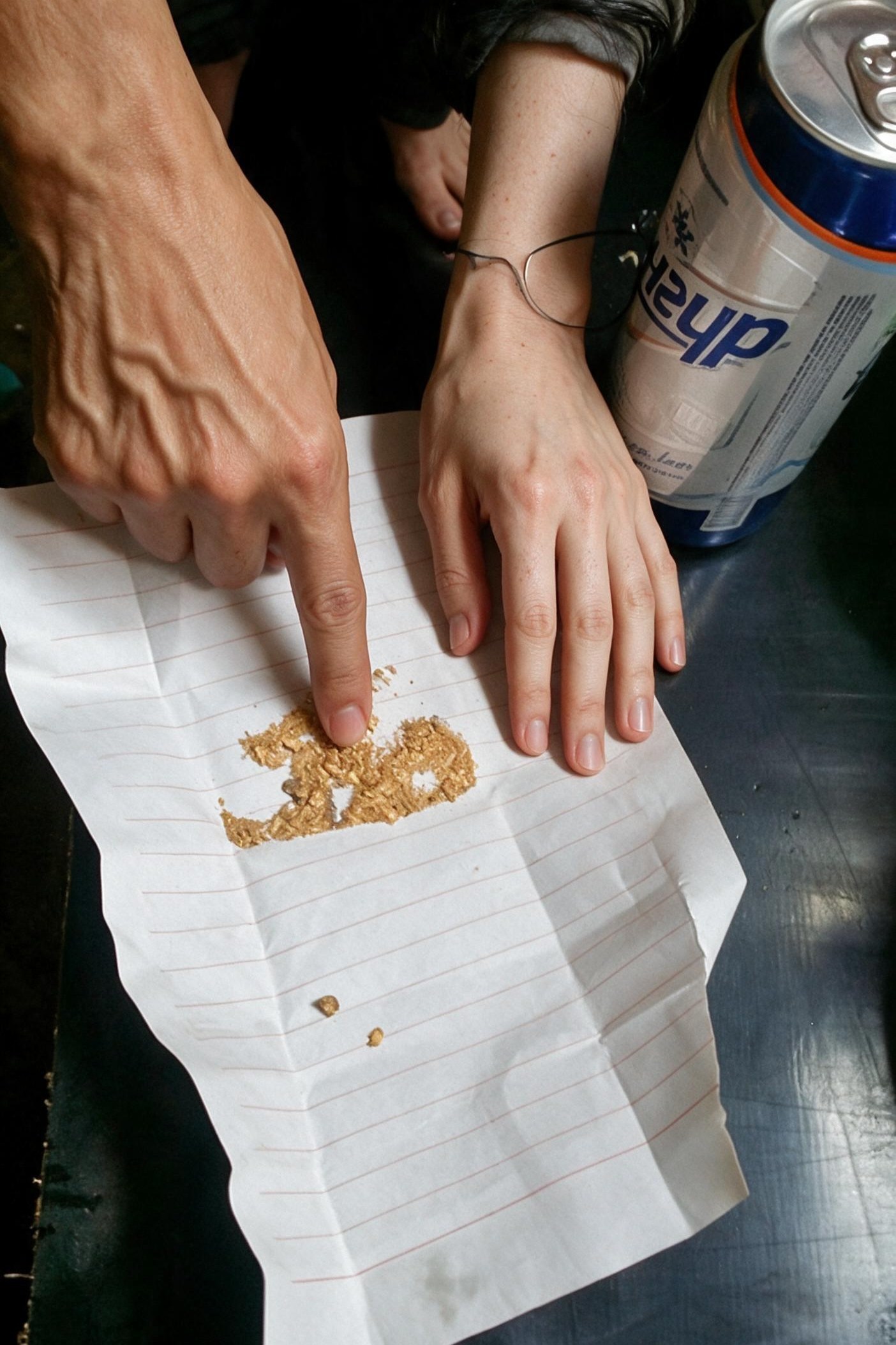 Two hands holding gold flakes on creased paper. Energy drink cans beside.