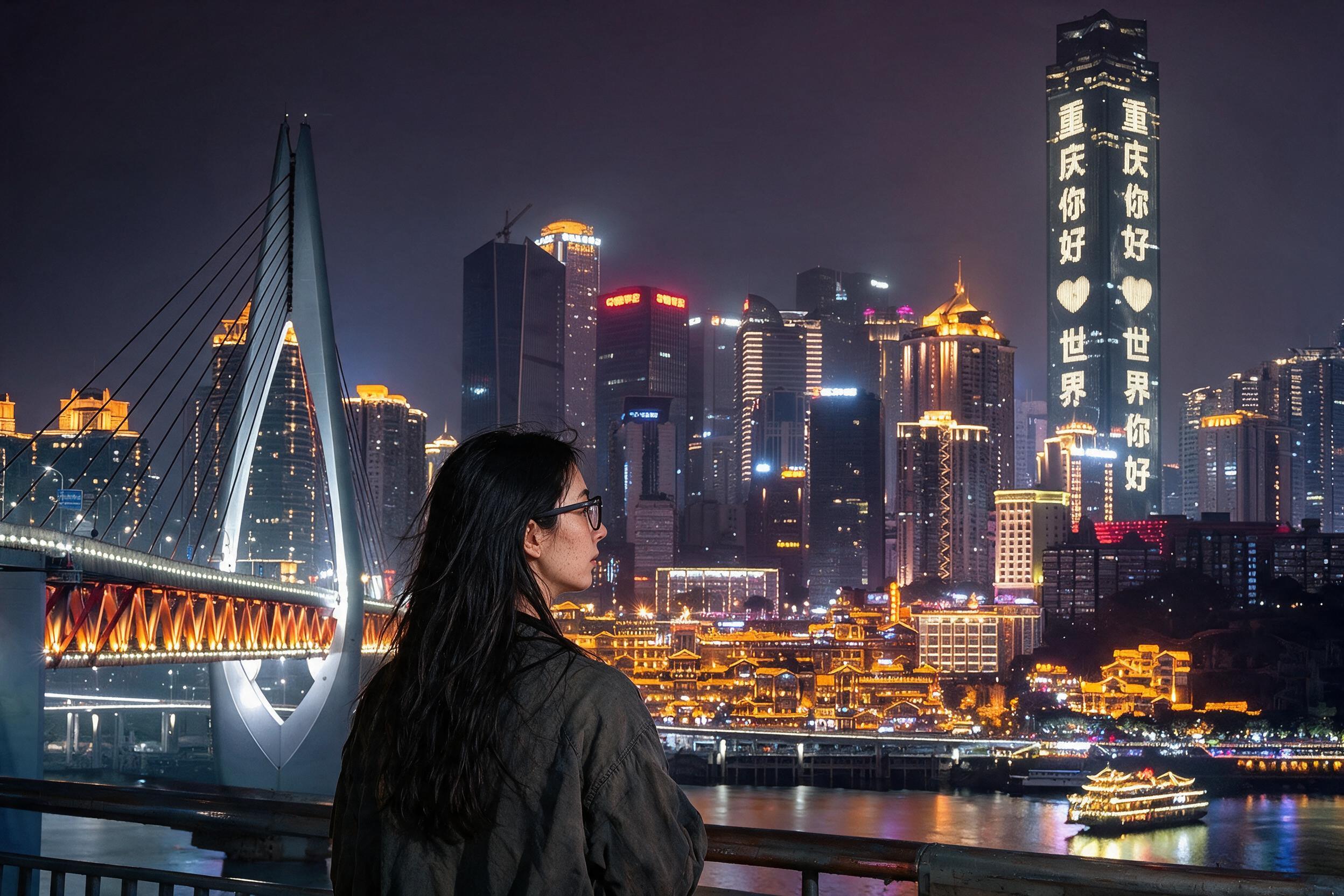 My small silhouette at a night riverside railing before Chongqing's stilt houses and LED skyline.