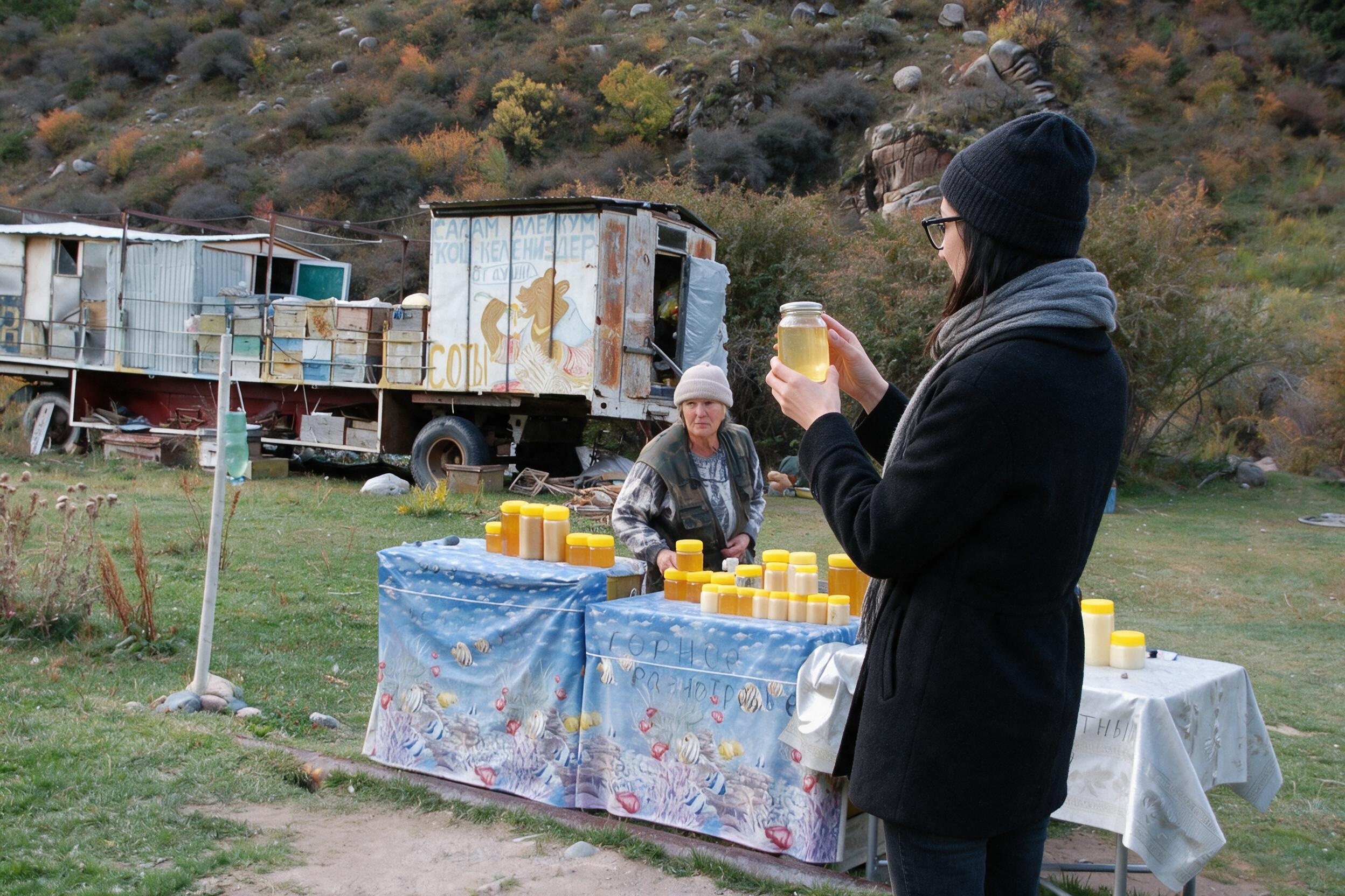Me holding a jar of pale honey to the light at a roadside stand.