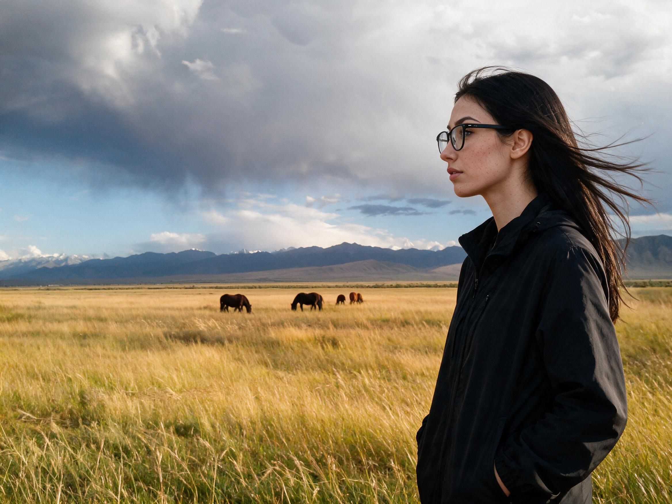 Me watching horses on golden steppe under dark storm clouds and rain.