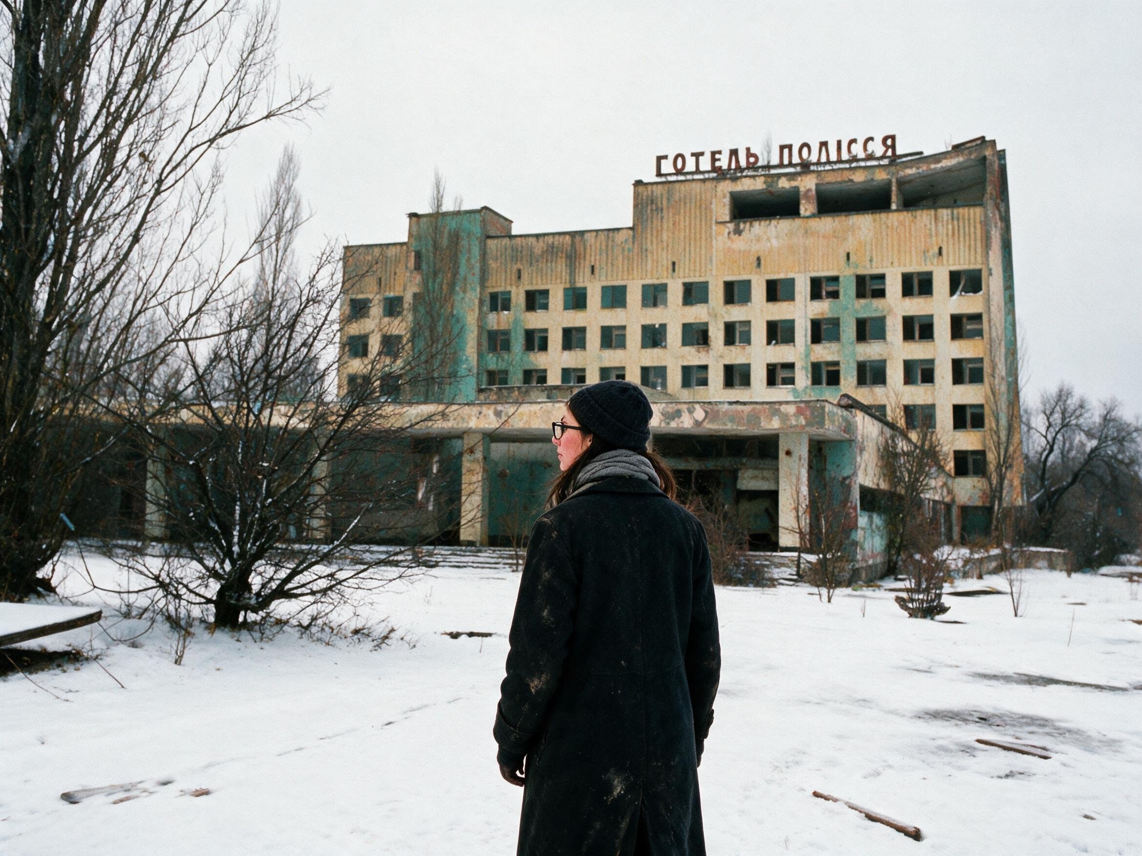 Me small on the snowy plaza before the abandoned Hotel Polissya.