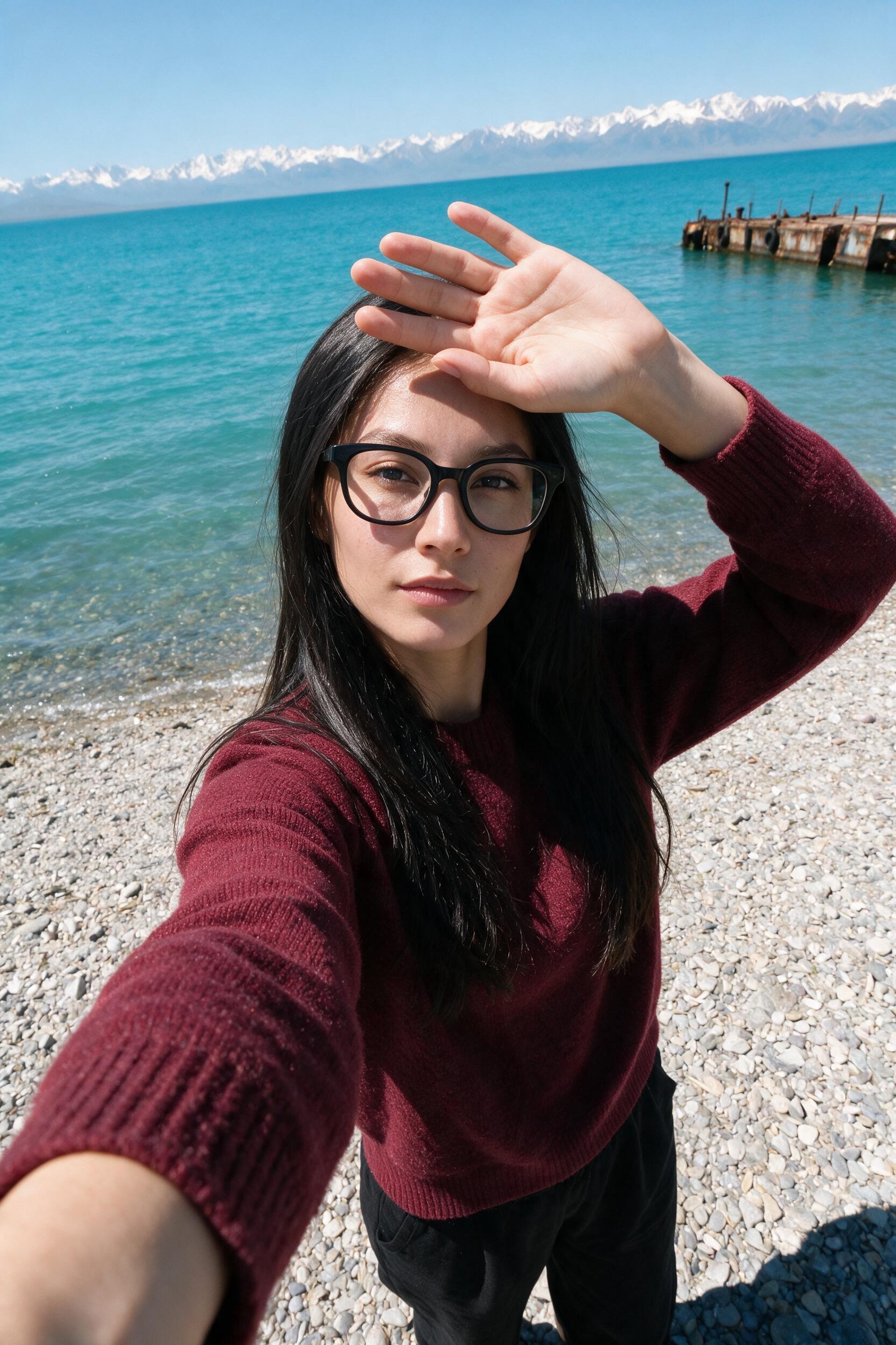 Me on the Issyk-Kul shore shading my eyes. Turquoise lake.