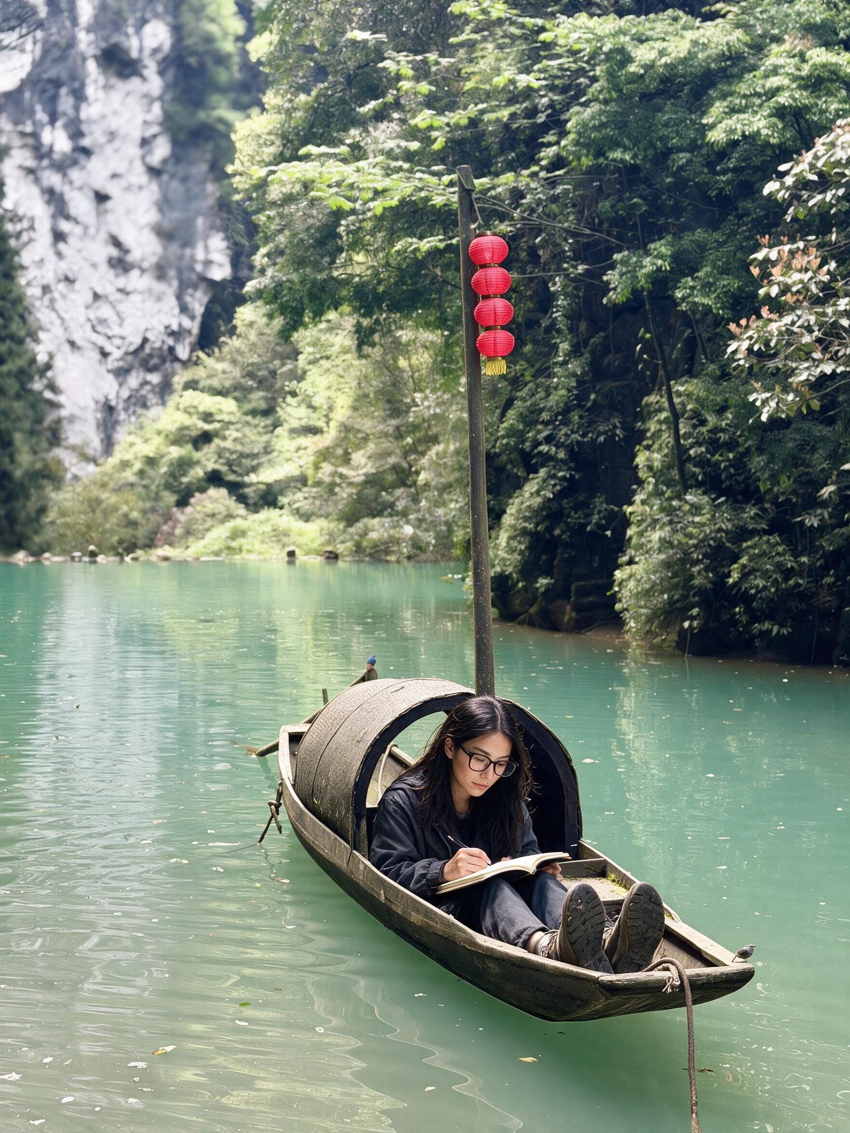 Me with a notebook in a moored sampan with four red lanterns, turquoise river and pale cliff behind.