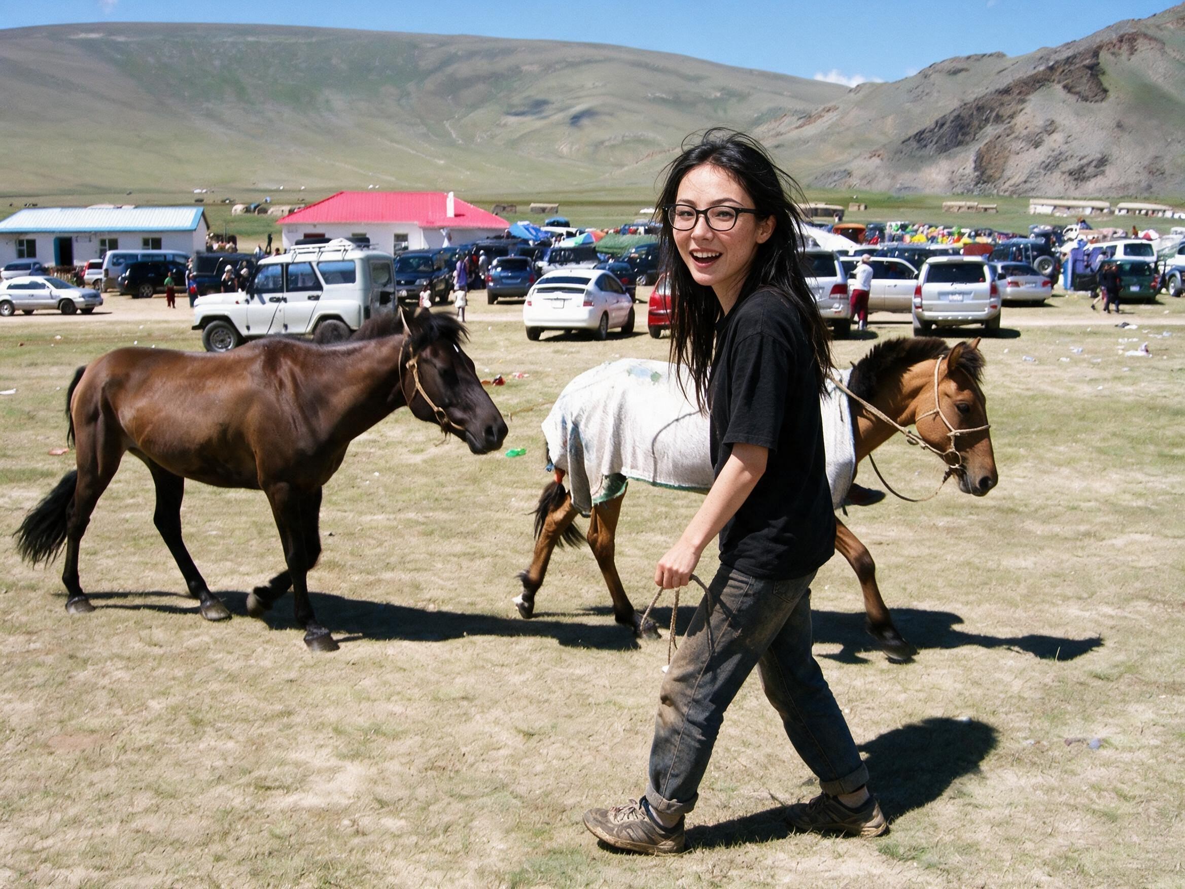 Me leading a racehorse with a white blanket at a naadam, glancing back.