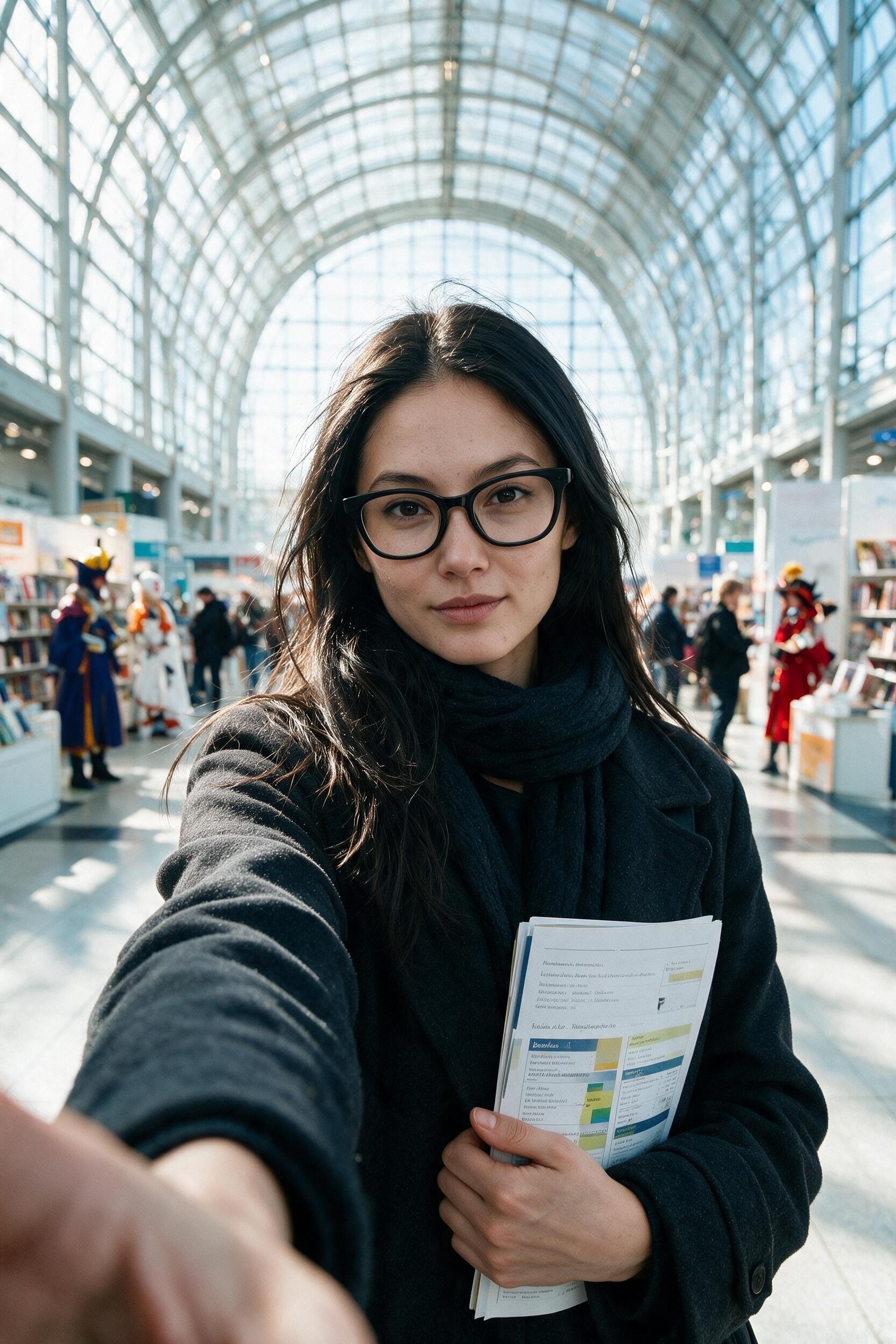 Me holding a fair program inside the Leipzig glass hall.