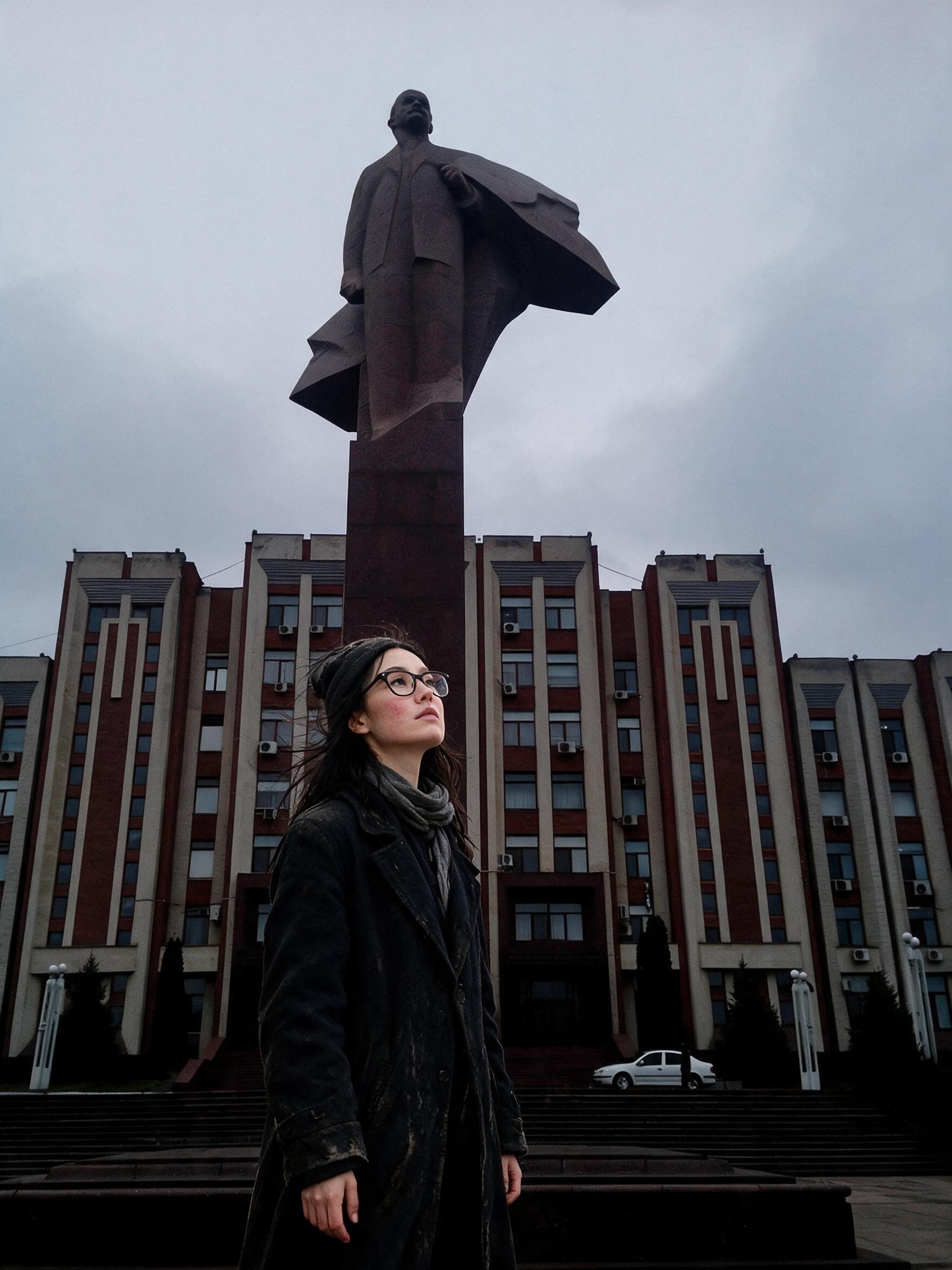 Me on the wide steps below the granite Lenin in Tiraspol.