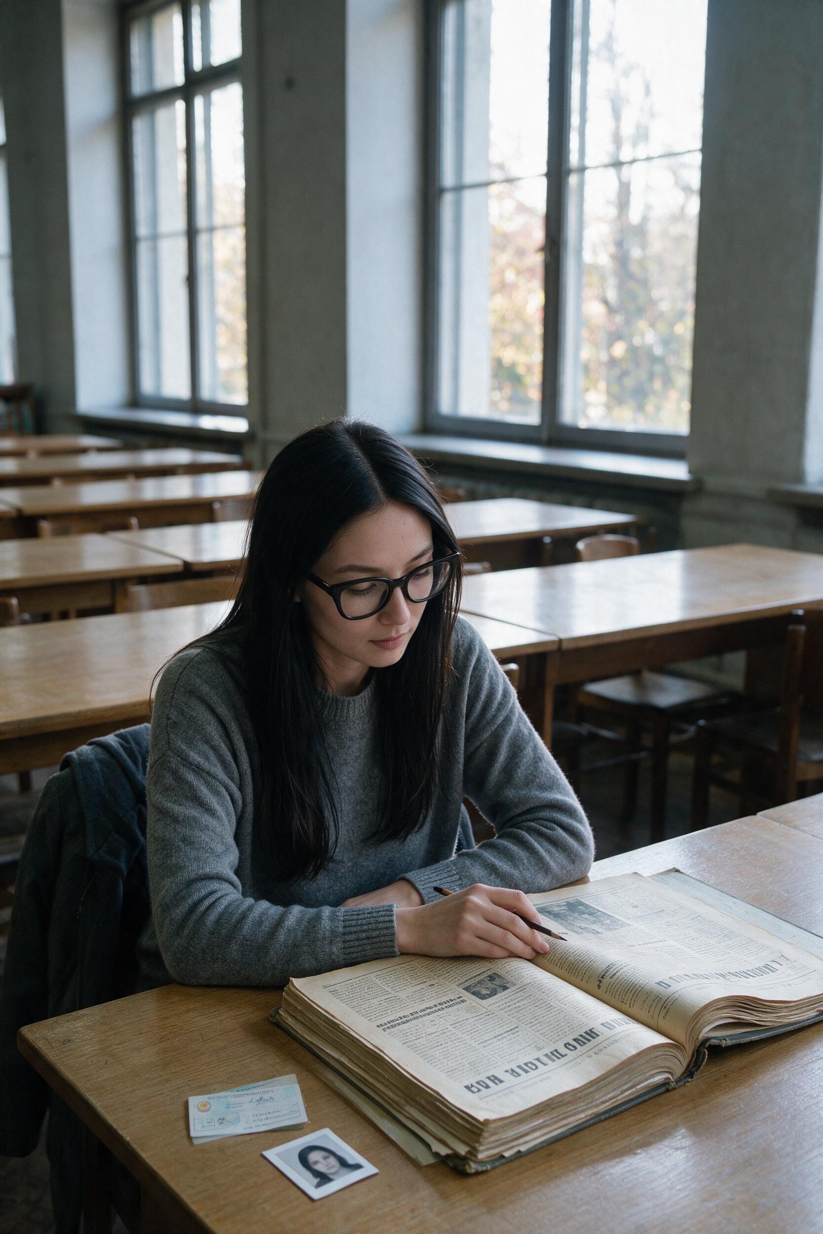 Me at a reading room table in Bishkek with a bound newspaper volume open.