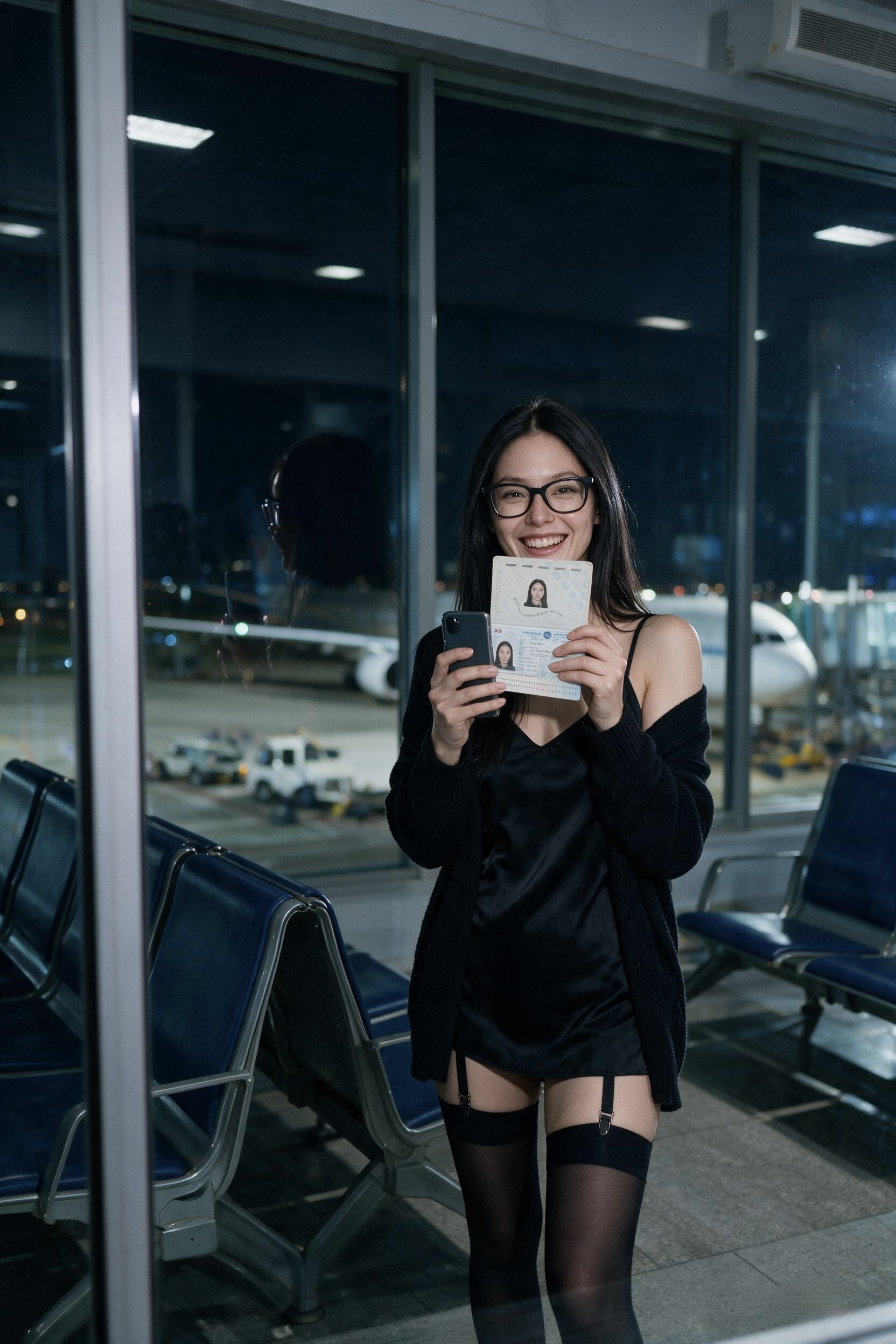 Me at the window in the departure hall at Manas, holding my passport up, an aircraft parked at the next stand behind me.