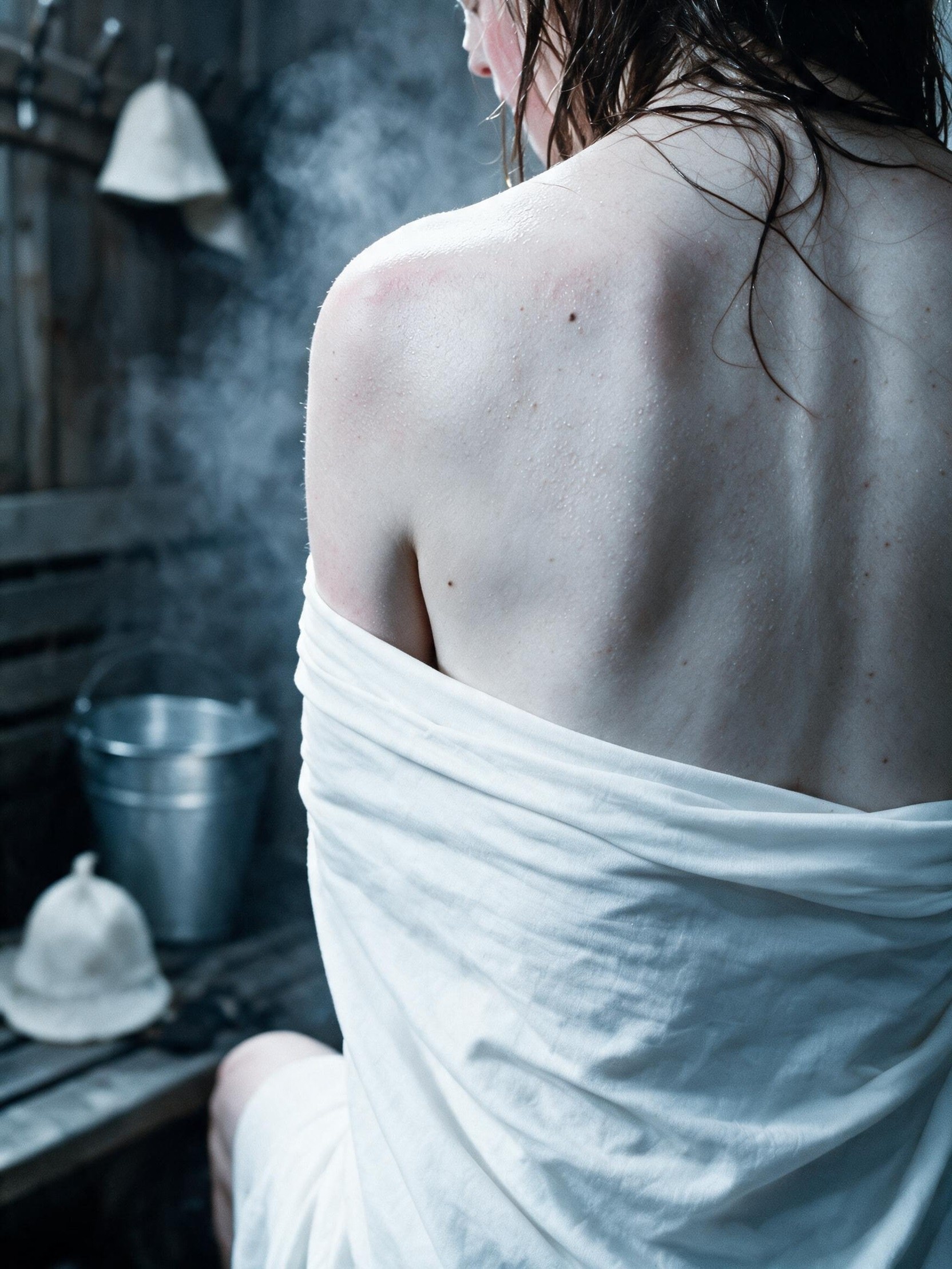 Goose bumps on a bare shoulder after the banya, wet hair, the sheet just barely holding.