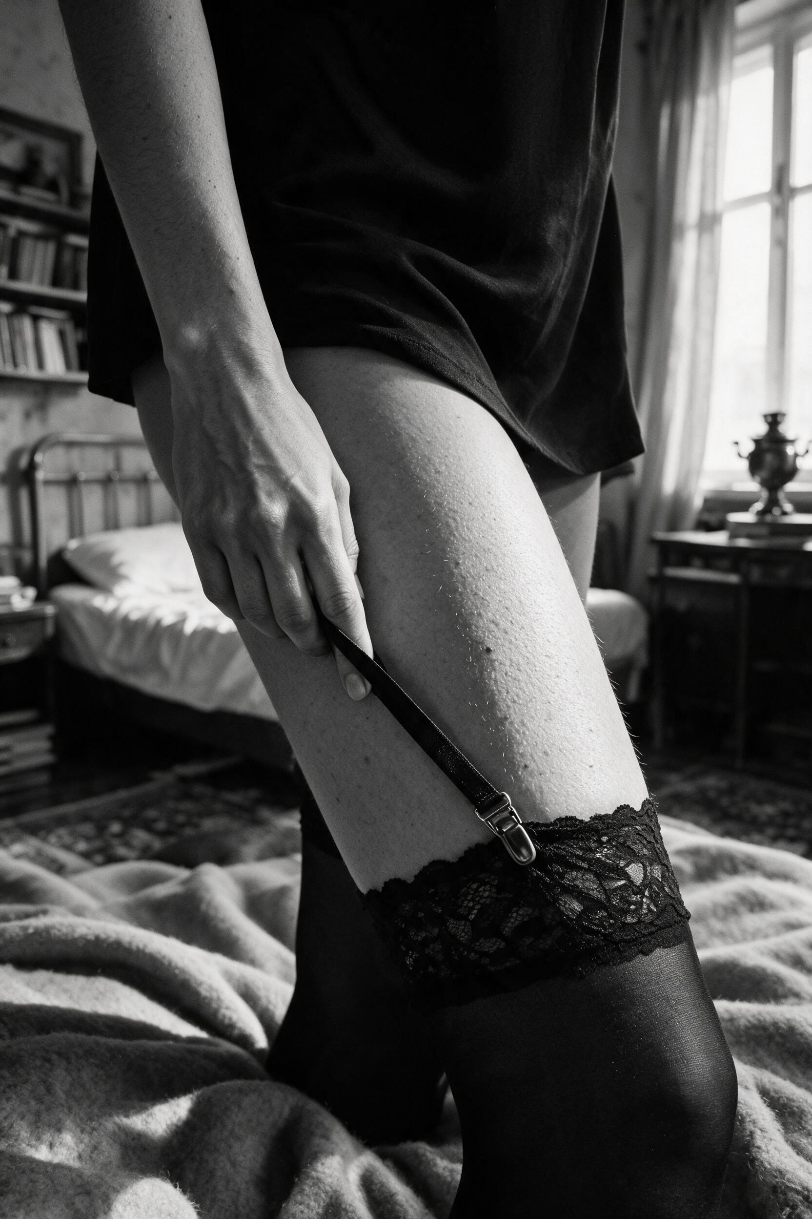 Two fingers pulling a garter strap taut over the stocking top, winter light turning it black and white.