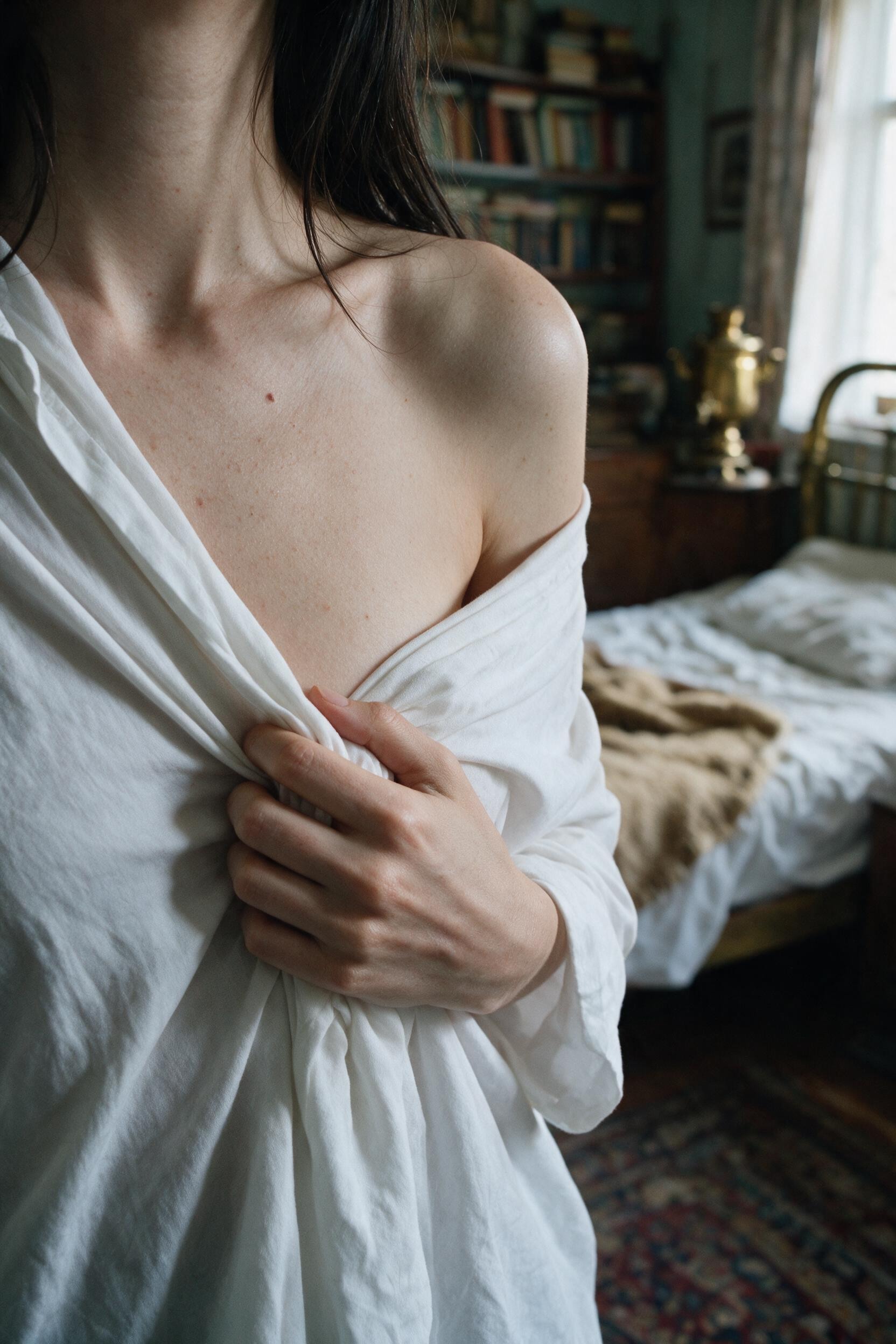 A white shirt slid off one shoulder, my own hand holding it closed, the samovar glowing behind me.