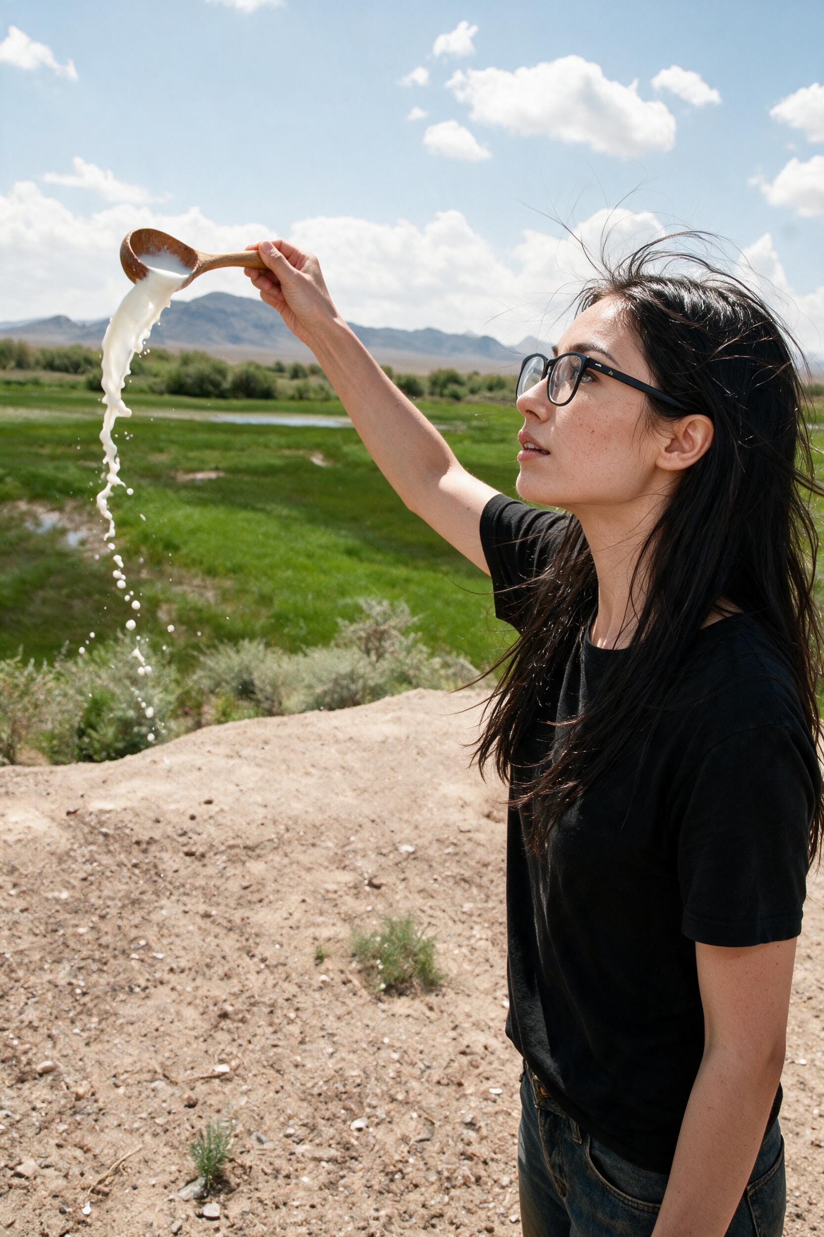 Me flinging an arc of milk from a wooden spoon over the green steppe.